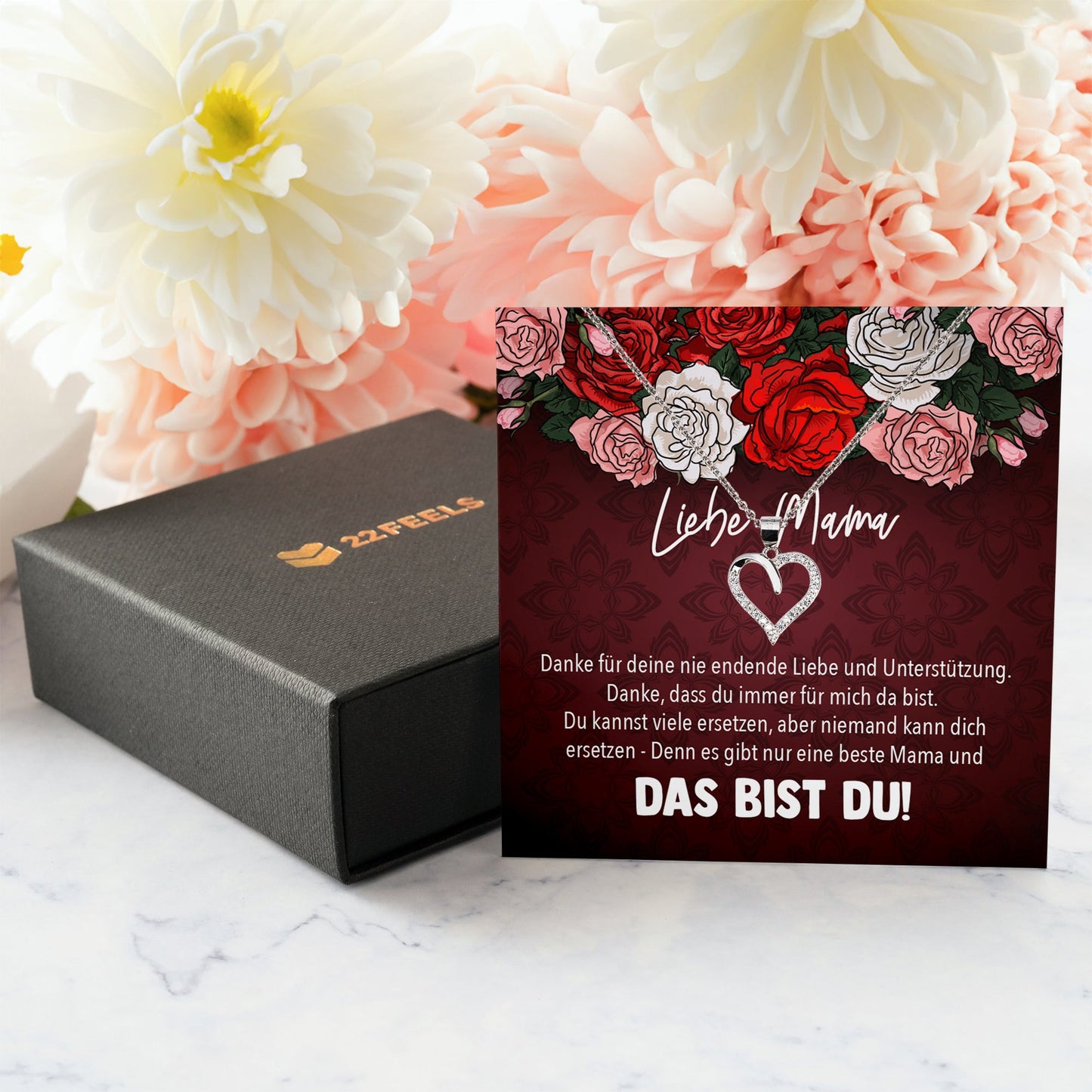 22Feels® Mama Geschenk Muttertag Geburtstag Frauen Herz Halskette mit Karte Echt Silber Schmuck Weihnachten Idee von Tochter oder Sohn-Schmuck mit Botschaftskarte - Herz21-22Feels