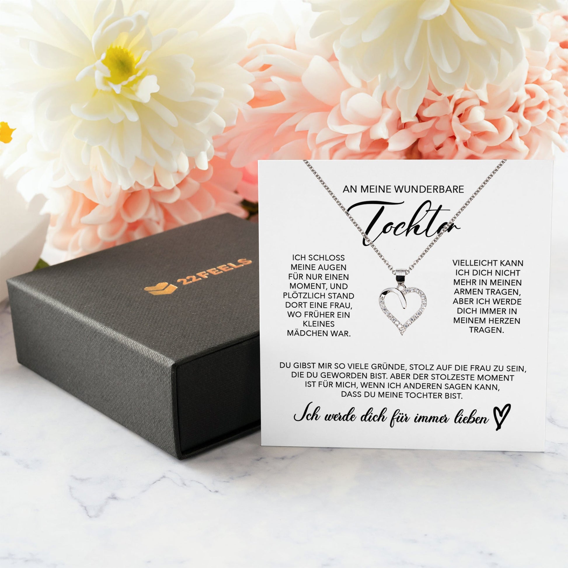 22Feels® Wunderbare Tochter Geschenk Silber 925/000 Herz Halskette mit Karte Mädchen Frauen Schmuck Geburtstag Weihnachten Firmung Konfirmation etc.-Schmuck mit Botschaftskarte - Herz21-22Feels