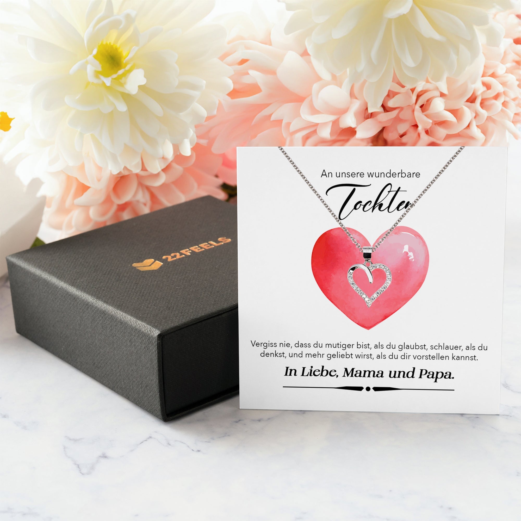 22Feels® Unsere Tochter Geschenk Silber 925/000 Herz Halskette mit Karte Mädchen Frauen Schmuck Geburtstag Weihnachten Firmung Konfirmation etc.-Schmuck mit Botschaftskarte - Herz21-22Feels