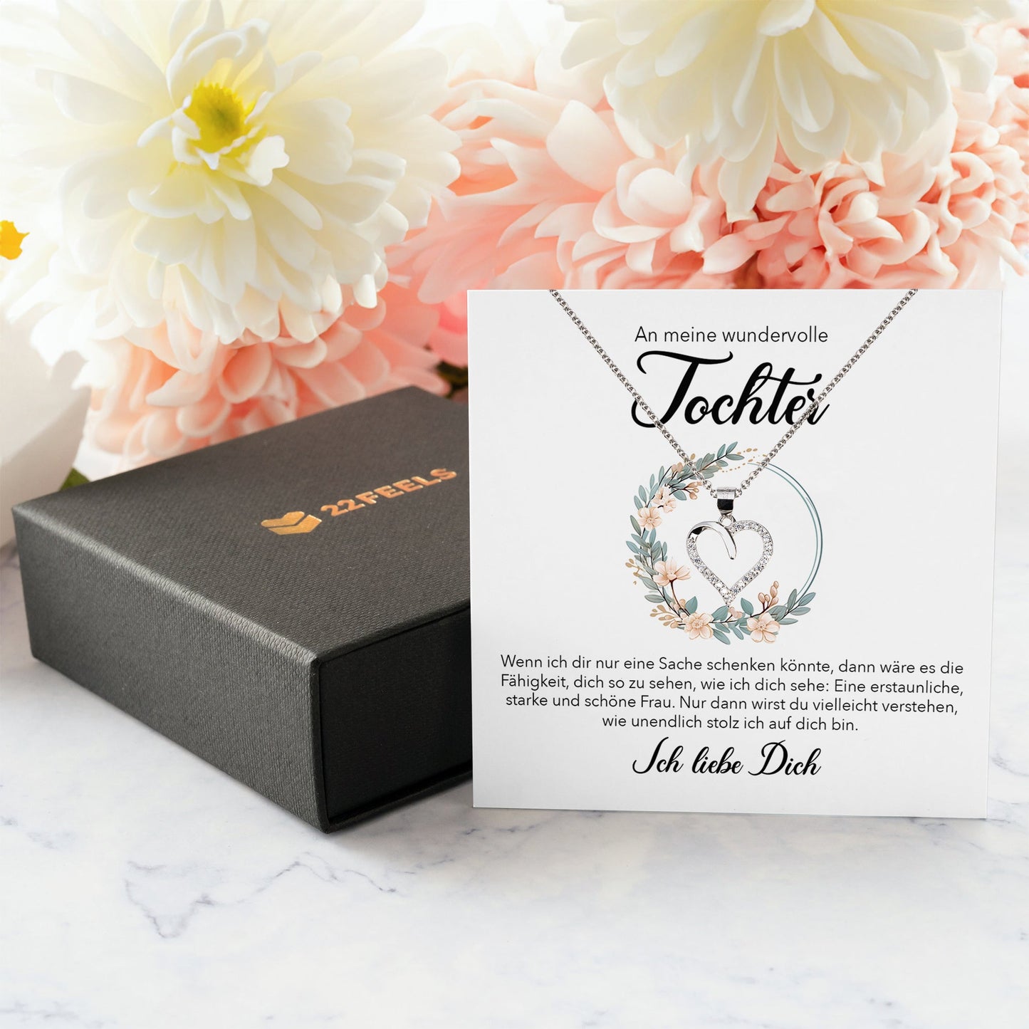 22Feels® Wundervolle Tochter Geschenk Silber 925/000 Herz Halskette mit Karte Mädchen Frauen Schmuck Geburtstag Weihnachten Firmung Konfirmation etc.-Schmuck mit Botschaftskarte - Herz21-22Feels