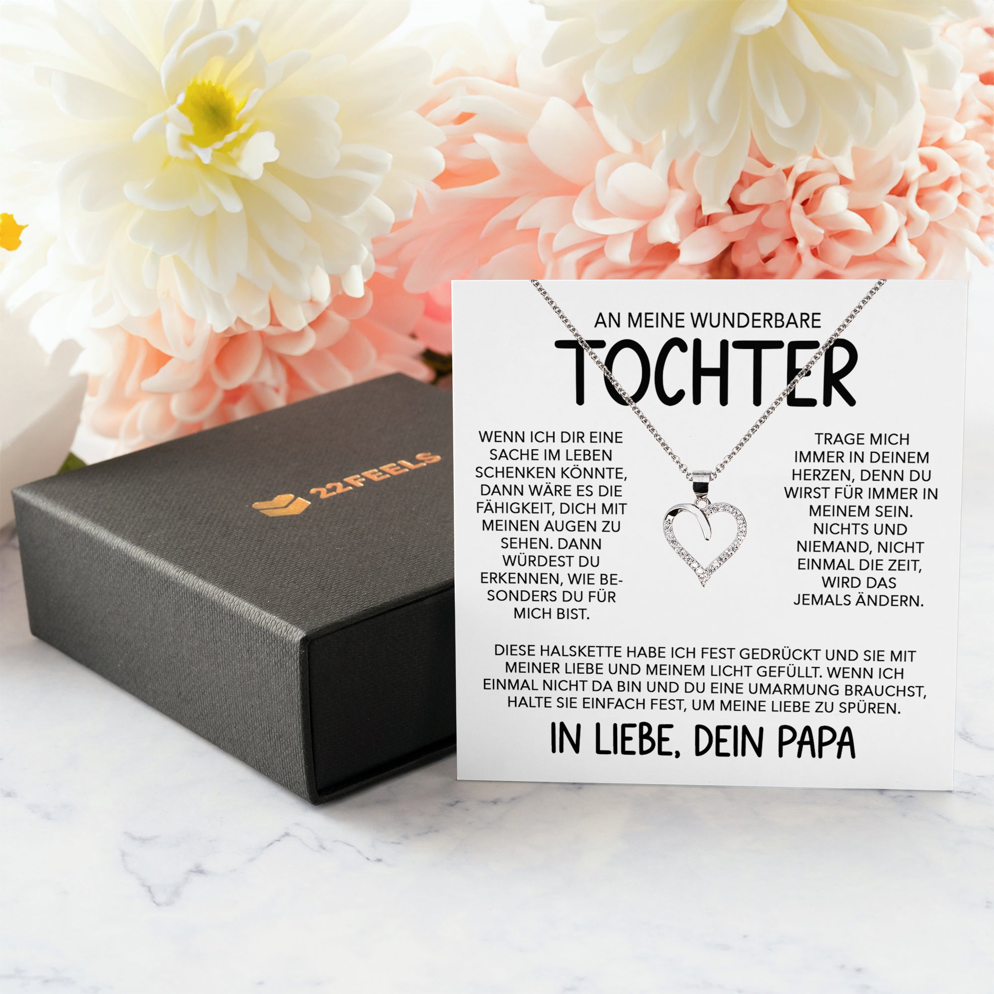 22Feels® Wunderbare Tochter Geschenk von Papa Silber 925/000 Herz Halskette mit Karte Mädchen Frauen Schmuck Geburtstag Weihnachten Firmung Konfirmation etc.-Schmuck mit Botschaftskarte - Herz21-22Feels