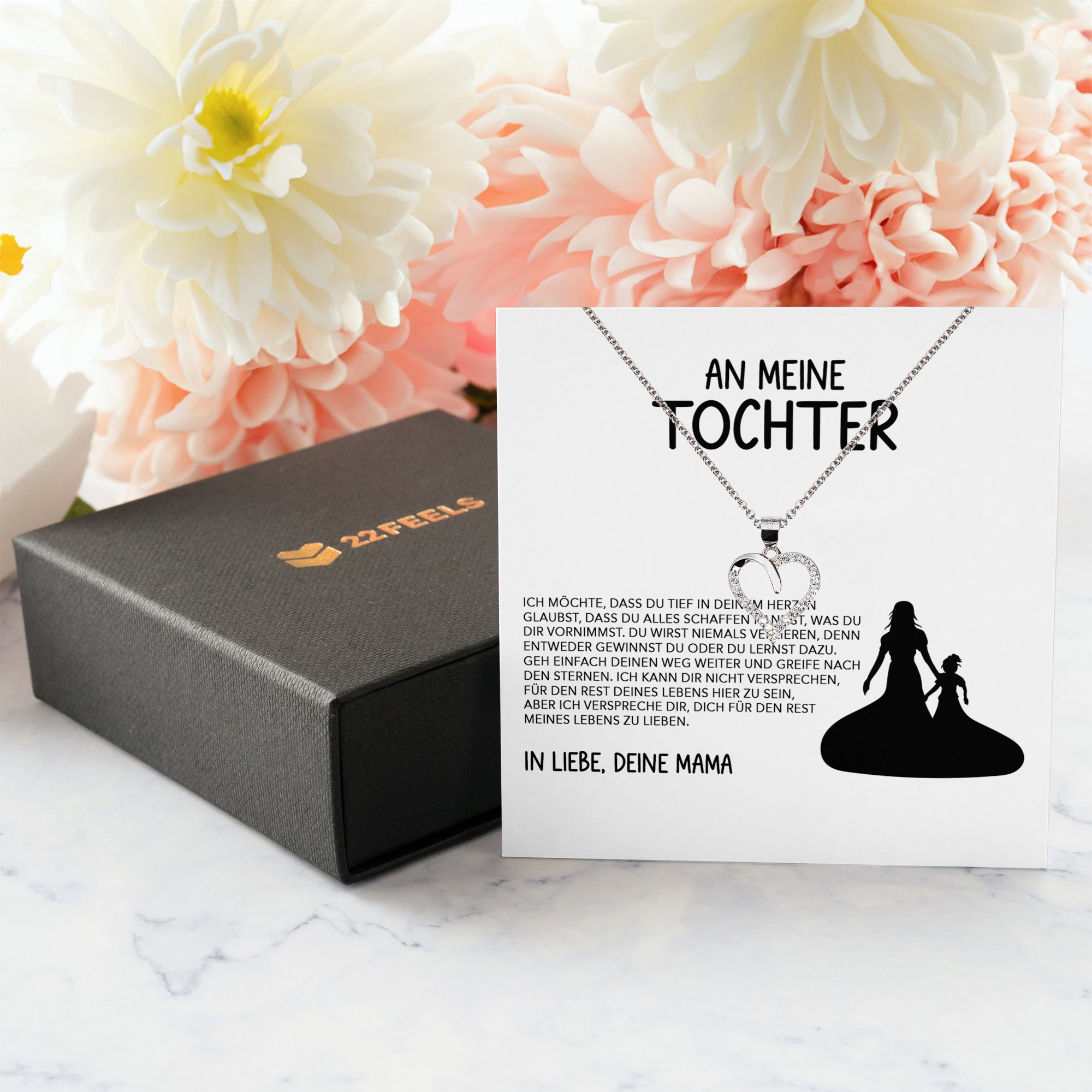 22Feels® Tochter Geschenk von Mama Silber 925/000 Herz Halskette mit Karte Mädchen Frauen Schmuck Geburtstag Weihnachten Firmung Konfirmation etc.-Schmuck mit Botschaftskarte - Herz21-22Feels