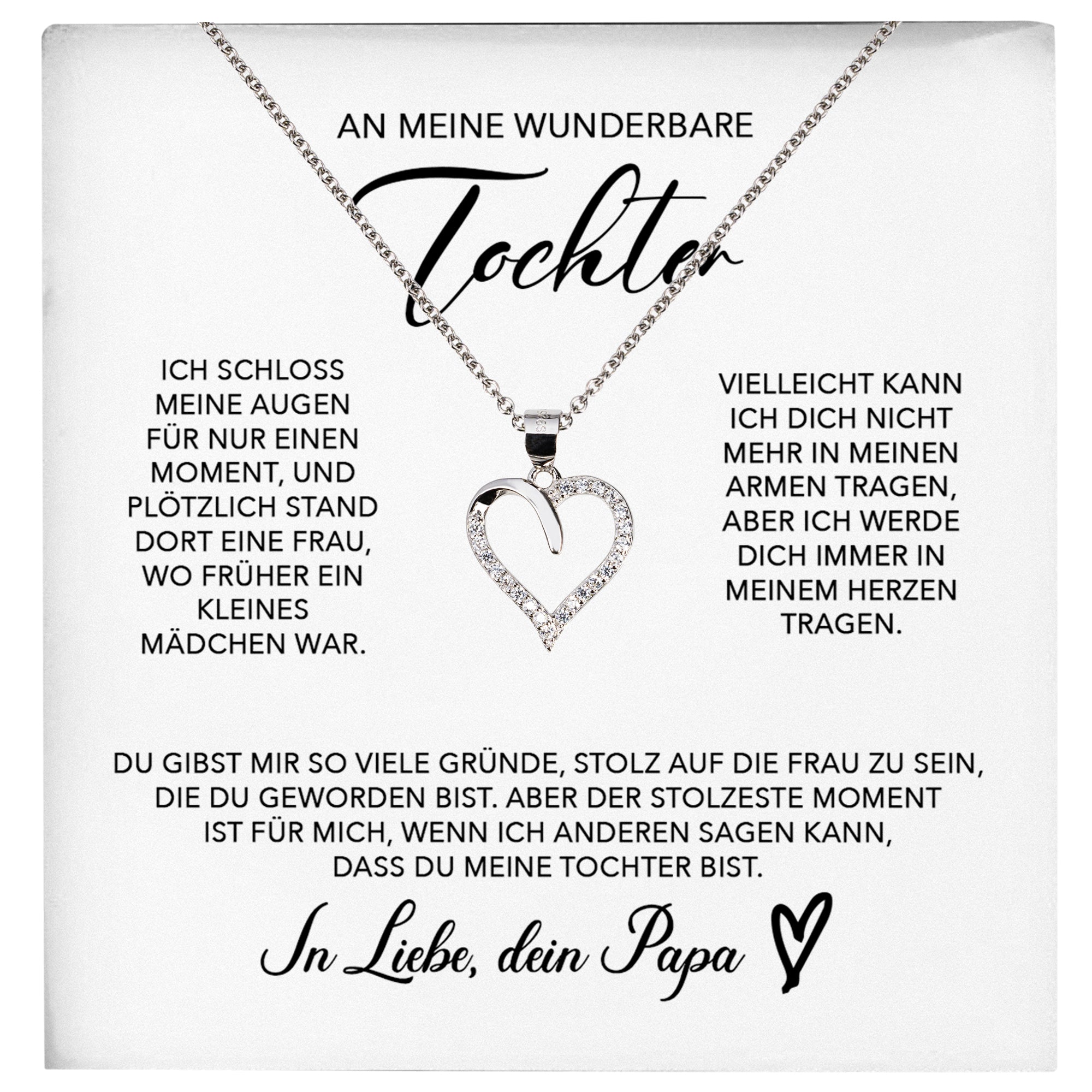 22Feels® Wunderbare Tochter Geschenk von Papa Silber 925/000 Herz Halskette mit Karte Mädchen Frauen Schmuck Geburtstag Weihnachten Firmung Konfirmation etc.-Schmuck mit Botschaftskarte - Herz21-22Feels