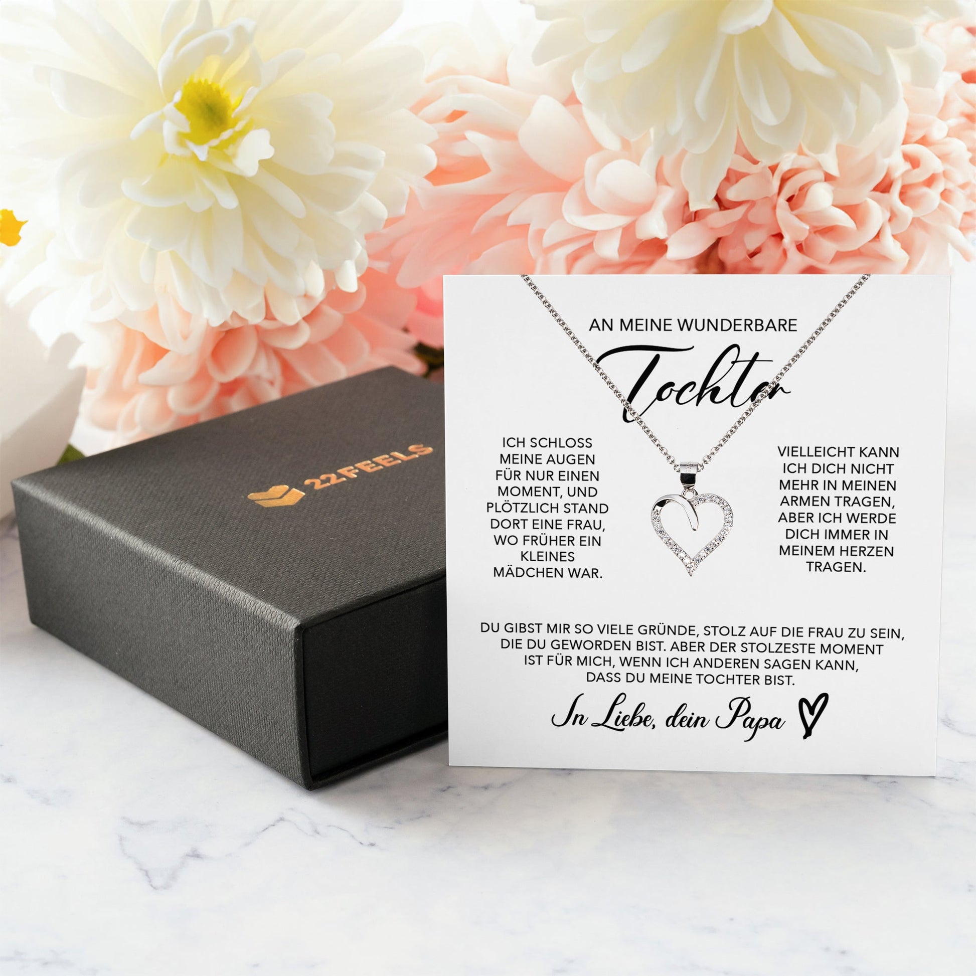22Feels® Wunderbare Tochter Geschenk von Papa Silber 925/000 Herz Halskette mit Karte Mädchen Frauen Schmuck Geburtstag Weihnachten Firmung Konfirmation etc.-Schmuck mit Botschaftskarte - Herz21-22Feels