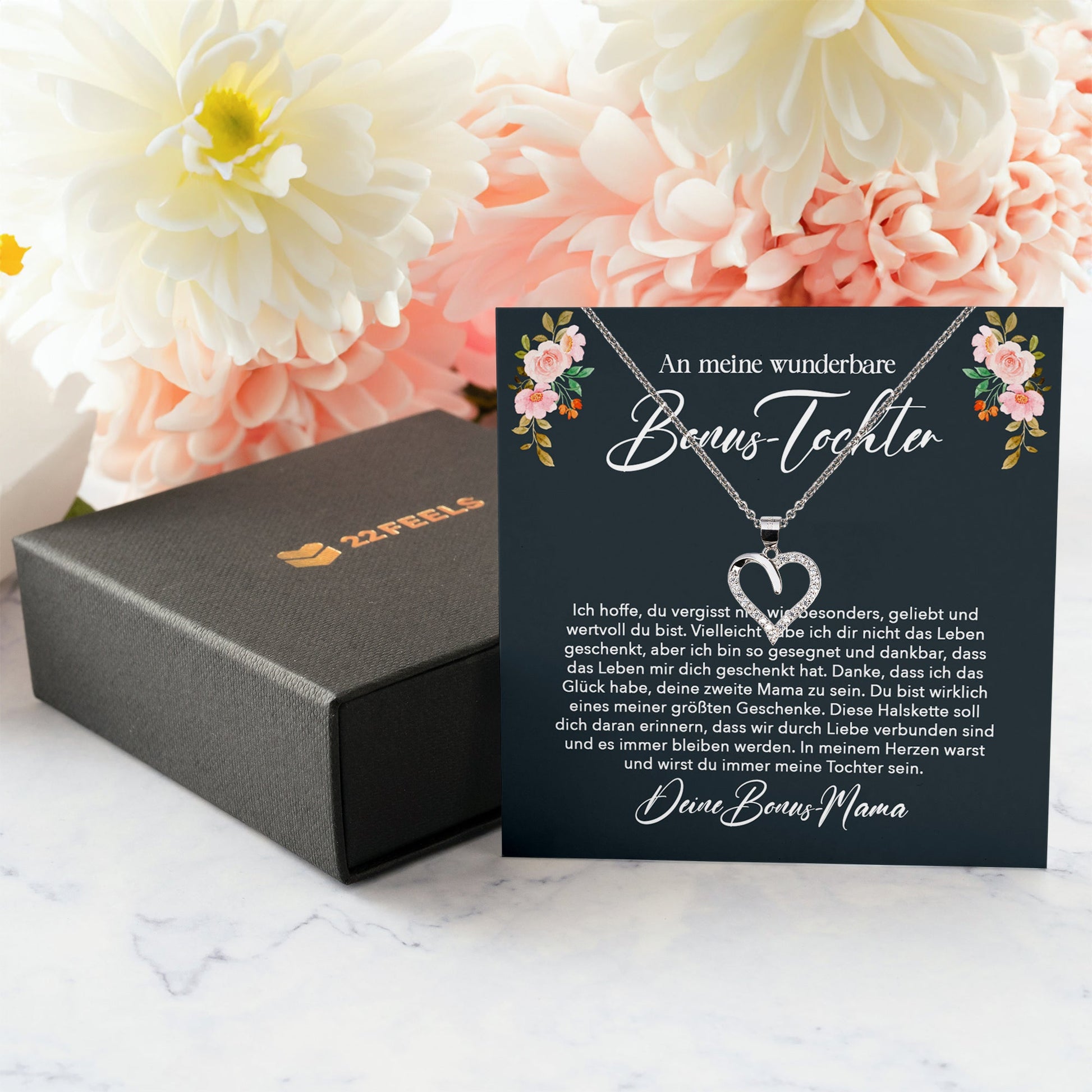 22Feels® Stieftochter Geschenk von Stiefmama Silber 925/000 Herz Halskette mit Karte Bonus Tochter Mädchen Frauen Schmuck Geburtstag Weihnachten Firmung Konfirmation etc.-Schmuck mit Botschaftskarte - Herz21-22Feels