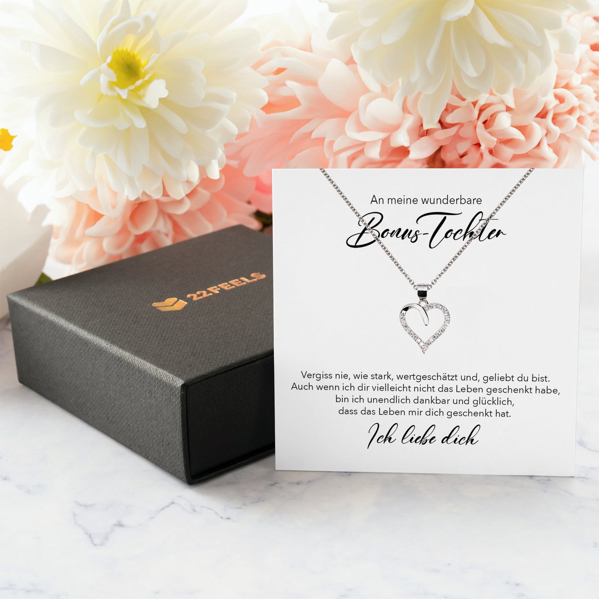 22Feels® Wunderbare Stieftochter Geschenk Silber 925/000 Herz Halskette mit Karte Mädchen Frauen Schmuck Geburtstag Weihnachten Firmung Konfirmation etc.-Schmuck mit Botschaftskarte - Herz21-22Feels