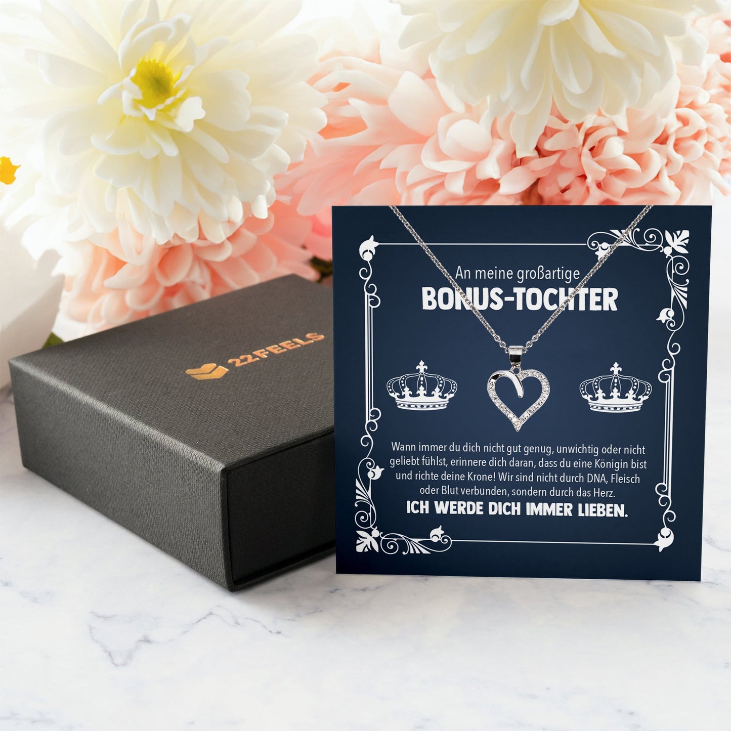22Feels® Großartige Stieftochter Geschenk Silber 925/000 Herz Halskette mit Karte Mädchen Frauen Schmuck Geburtstag Weihnachten Firmung Konfirmation etc.-Schmuck mit Botschaftskarte - Herz21-22Feels