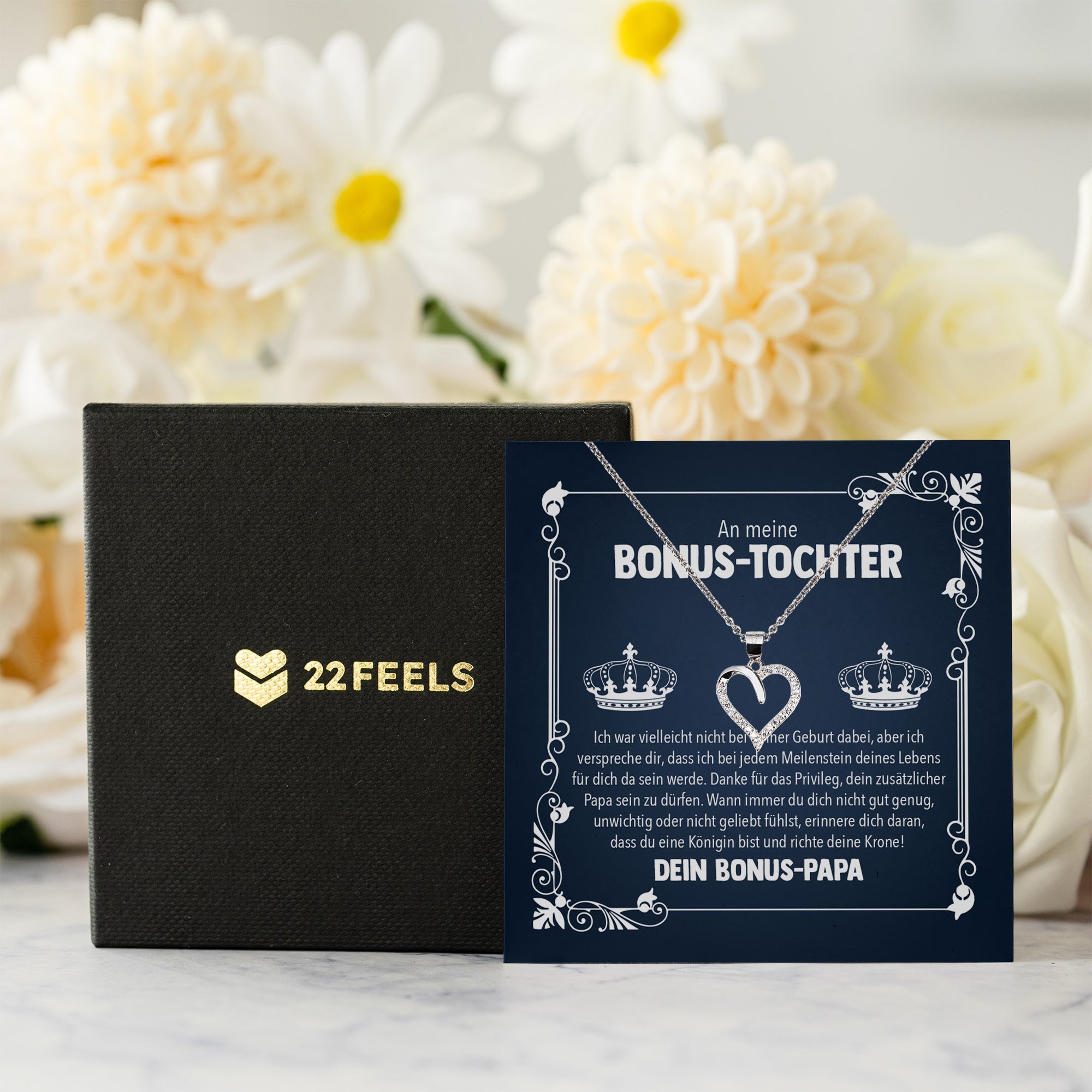 22Feels® Königin Stieftochter Geschenk von Stiefpapa Silber 925/000 Herz Halskette mit Karte Mädchen Frauen Schmuck Geburtstag Weihnachten Firmung Konfirmation etc.-Schmuck mit Botschaftskarte - Herz21-22Feels