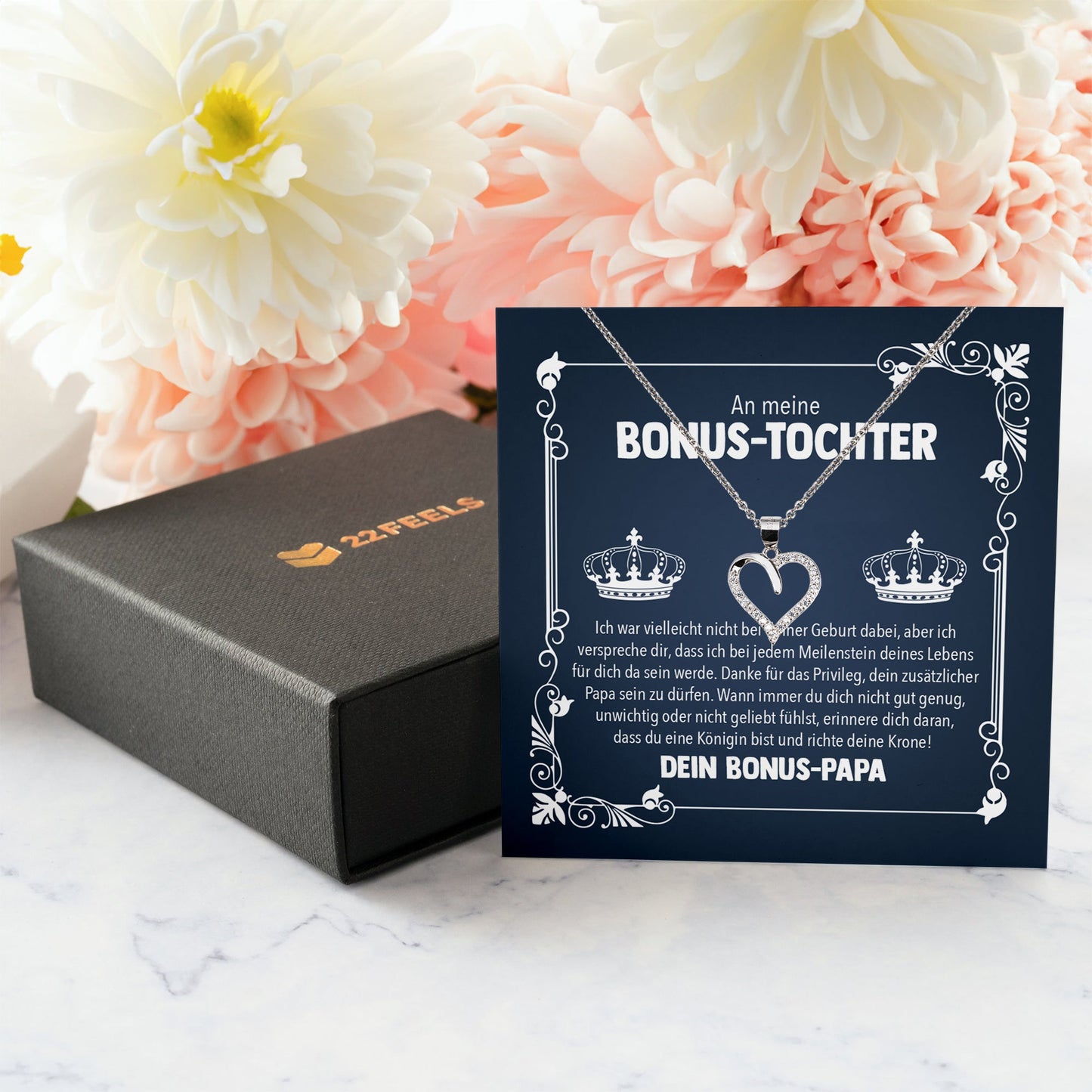 22Feels® Königin Stieftochter Geschenk von Stiefpapa Silber 925/000 Herz Halskette mit Karte Mädchen Frauen Schmuck Geburtstag Weihnachten Firmung Konfirmation etc.-Schmuck mit Botschaftskarte - Herz21-22Feels