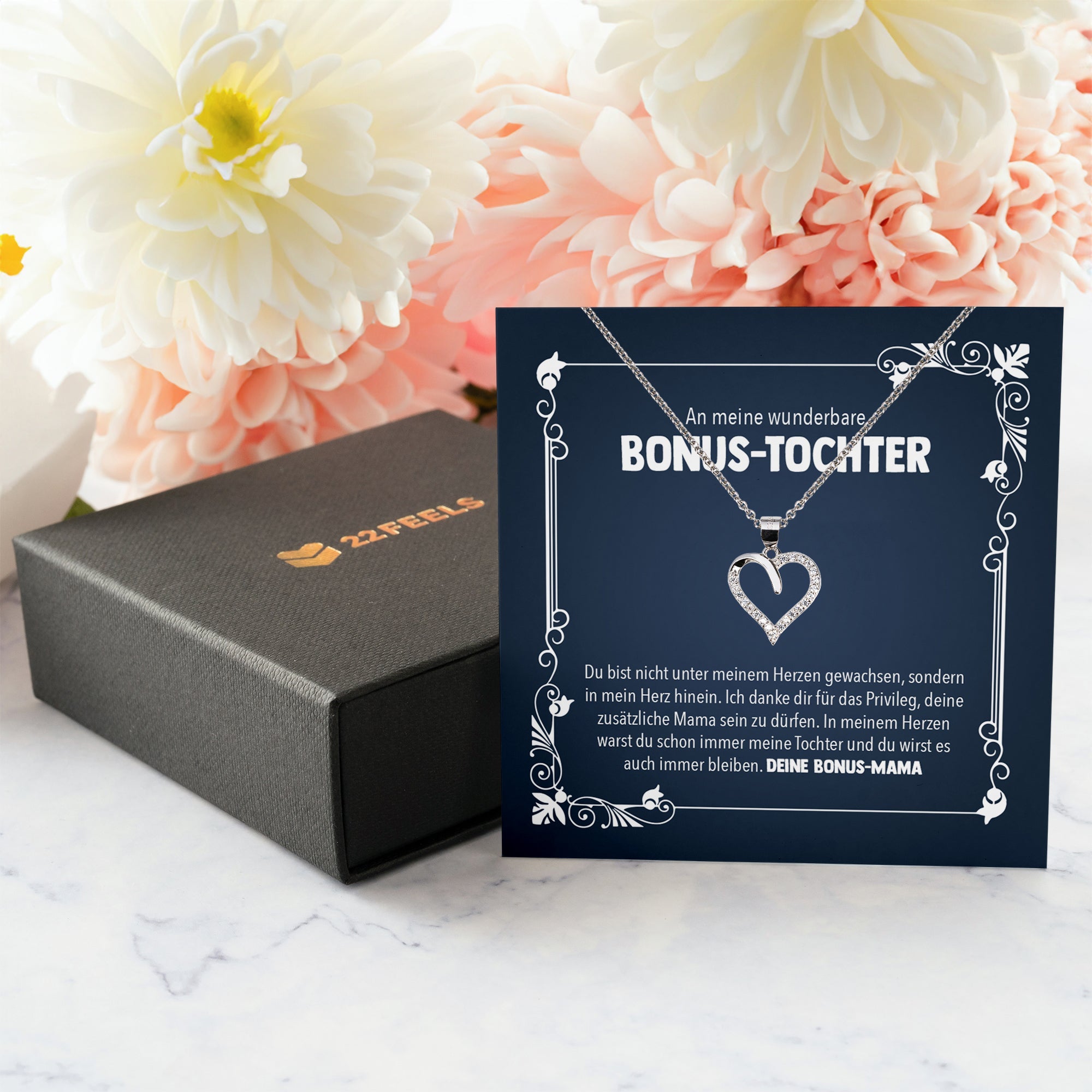22Feels® Wunderbare Bonus Tochter Stieftochter Geschenk von Stiefmama Silber 925/000 Herz Halskette mit Karte Mädchen Frauen Schmuck Geburtstag Weihnachten Firmung Konfirmation etc.-Schmuck mit Botschaftskarte - Herz21-22Feels