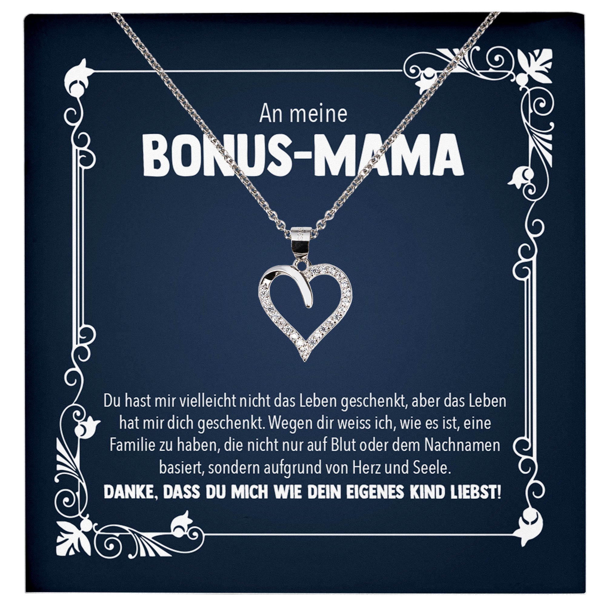 22Feels® Bonus Mama Stiefmama Geschenk Silber 925/000 Herz Halskette Stiefmutter Muttertag Frauen Schmuck mit Karte Geburtstag Weihnachten Stiefeltern Mutter Patchwork-Schmuck mit Botschaftskarte - Herz21-22Feels