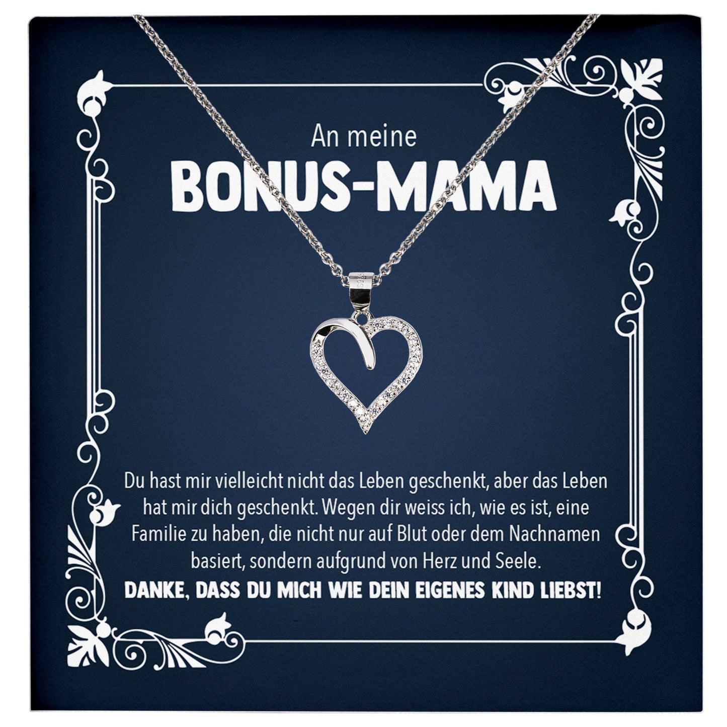 22Feels® Bonus Mama Stiefmama Geschenk Silber 925/000 Herz Halskette Stiefmutter Muttertag Frauen Schmuck mit Karte Geburtstag Weihnachten Stiefeltern Mutter Patchwork-Schmuck mit Botschaftskarte - Herz21-22Feels