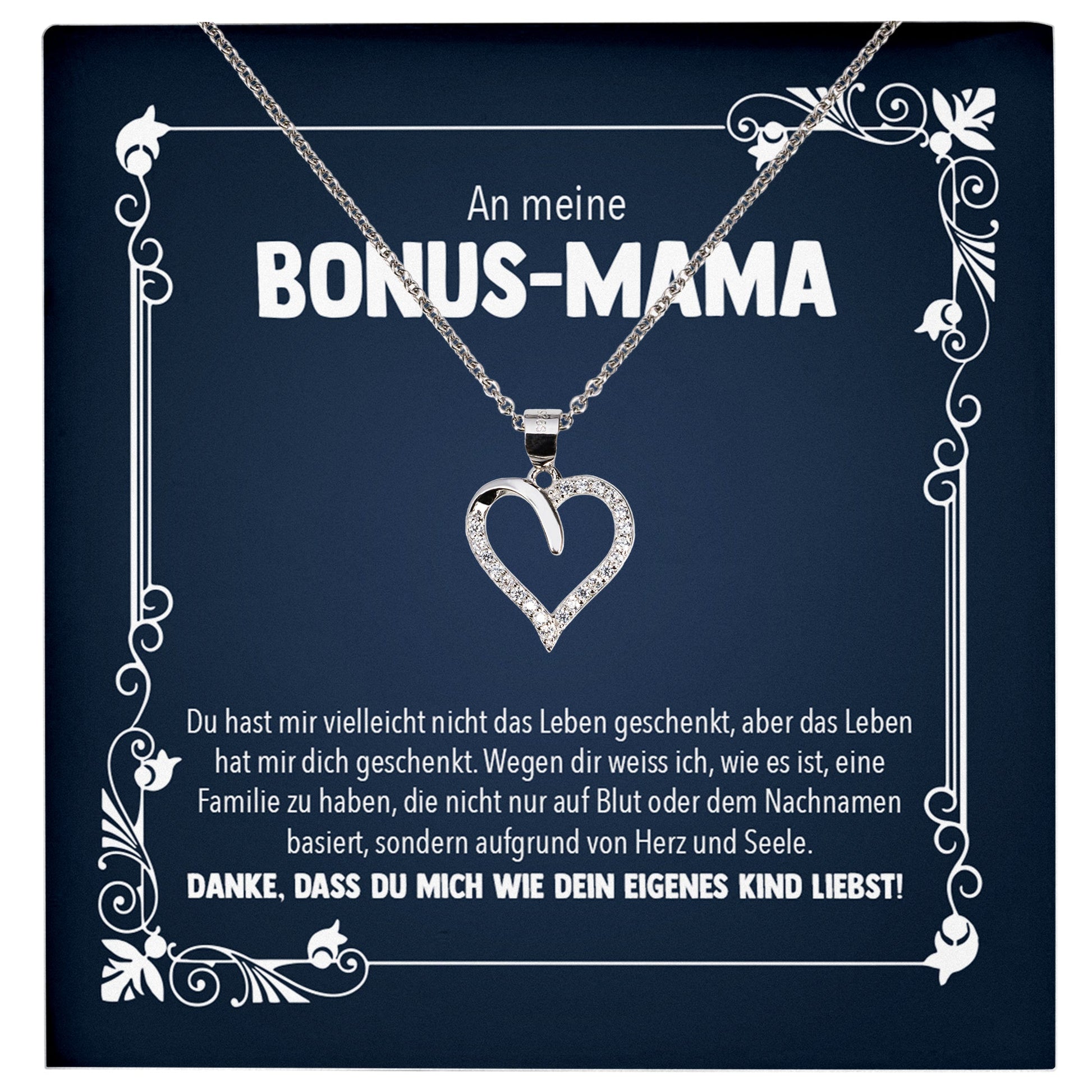 22Feels® Bonus Mama Stiefmama Geschenk Silber 925/000 Herz Halskette Stiefmutter Muttertag Frauen Schmuck mit Karte Geburtstag Weihnachten Stiefeltern Mutter Patchwork-Schmuck mit Botschaftskarte - Herz21-22Feels