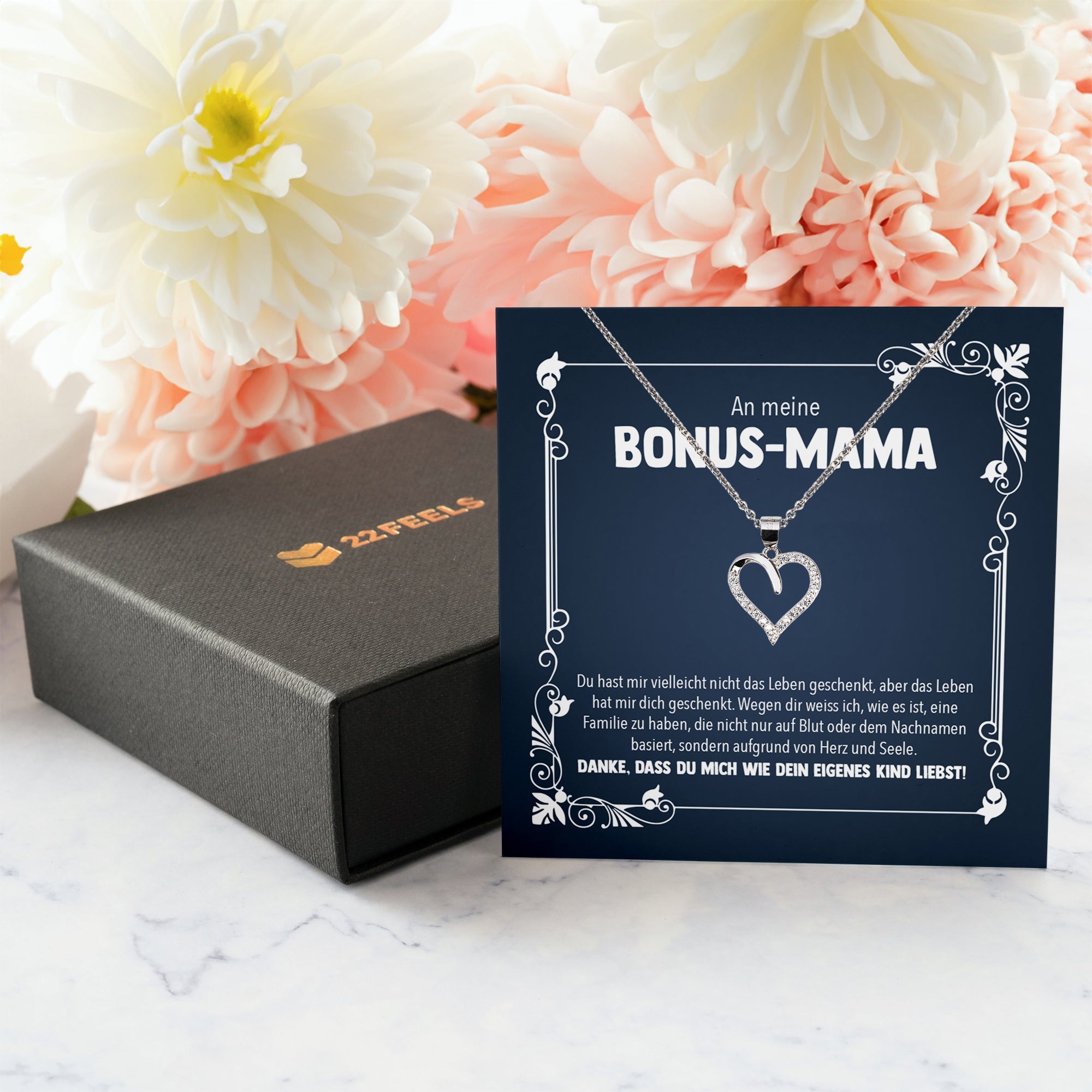 22Feels® Bonus Mama Stiefmama Geschenk Silber 925/000 Herz Halskette Stiefmutter Muttertag Frauen Schmuck mit Karte Geburtstag Weihnachten Stiefeltern Mutter Patchwork-Schmuck mit Botschaftskarte - Herz21-22Feels