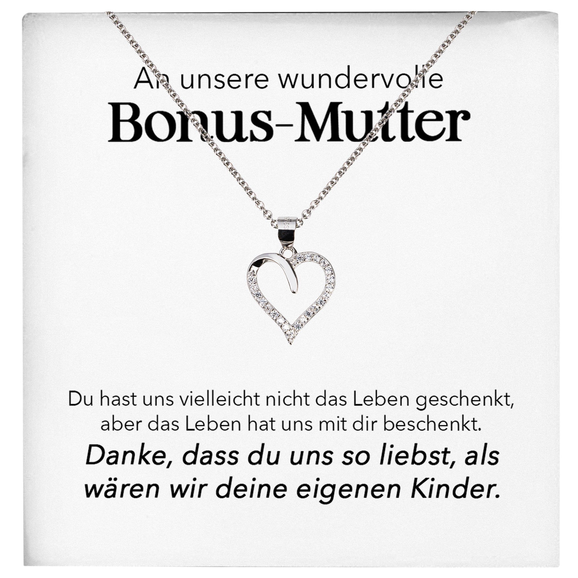 22Feels® Unsere Stiefmama Geschenk Silber 925/000 Herz Halskette Stiefmutter Muttertag Frauen Schmuck mit Karte Geburtstag Weihnachten Stiefeltern Bonus Mutter Patchwork-Schmuck mit Botschaftskarte - Herz21-22Feels