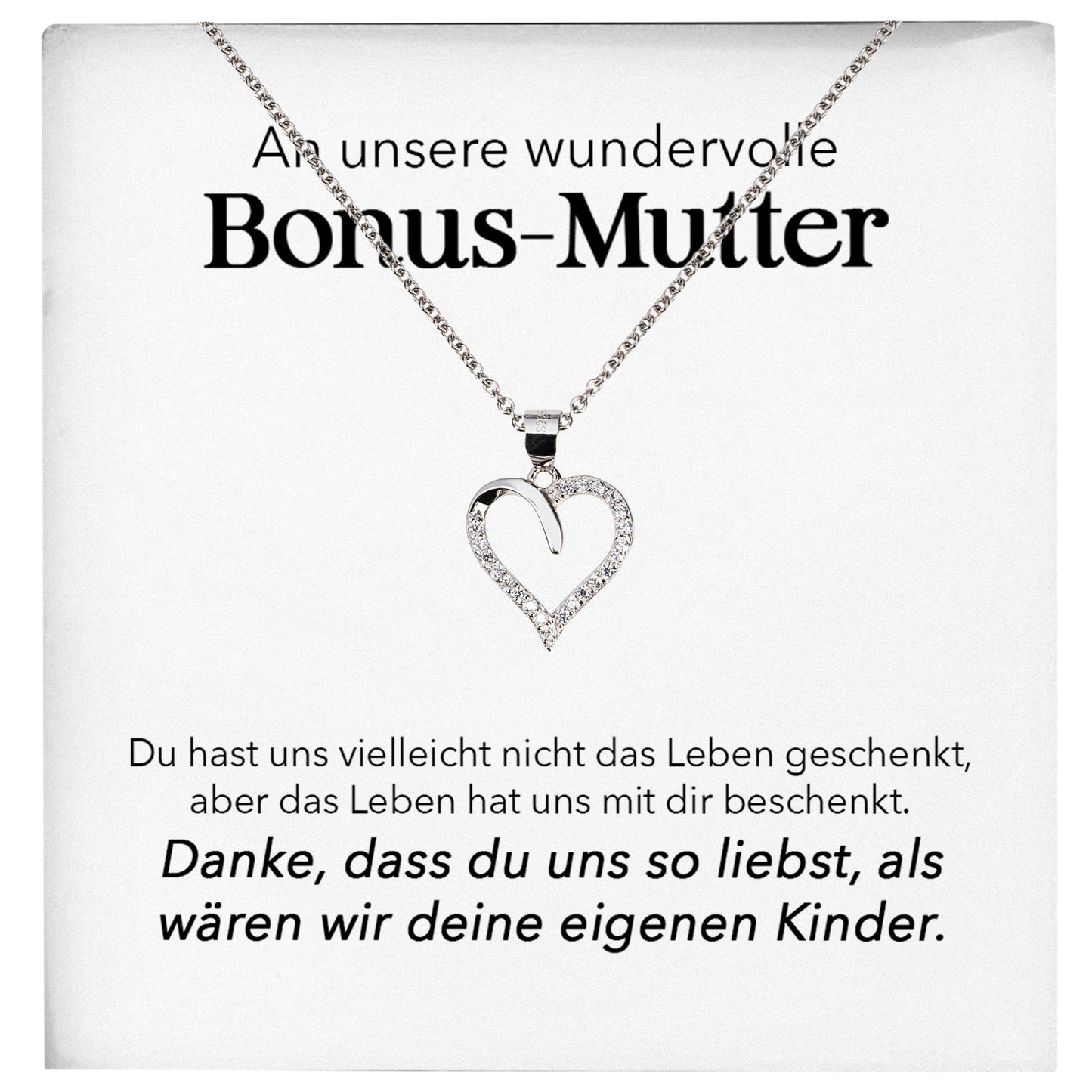 22Feels® Unsere Stiefmama Geschenk Silber 925/000 Herz Halskette Stiefmutter Muttertag Frauen Schmuck mit Karte Geburtstag Weihnachten Stiefeltern Bonus Mutter Patchwork-Schmuck mit Botschaftskarte - Herz21-22Feels