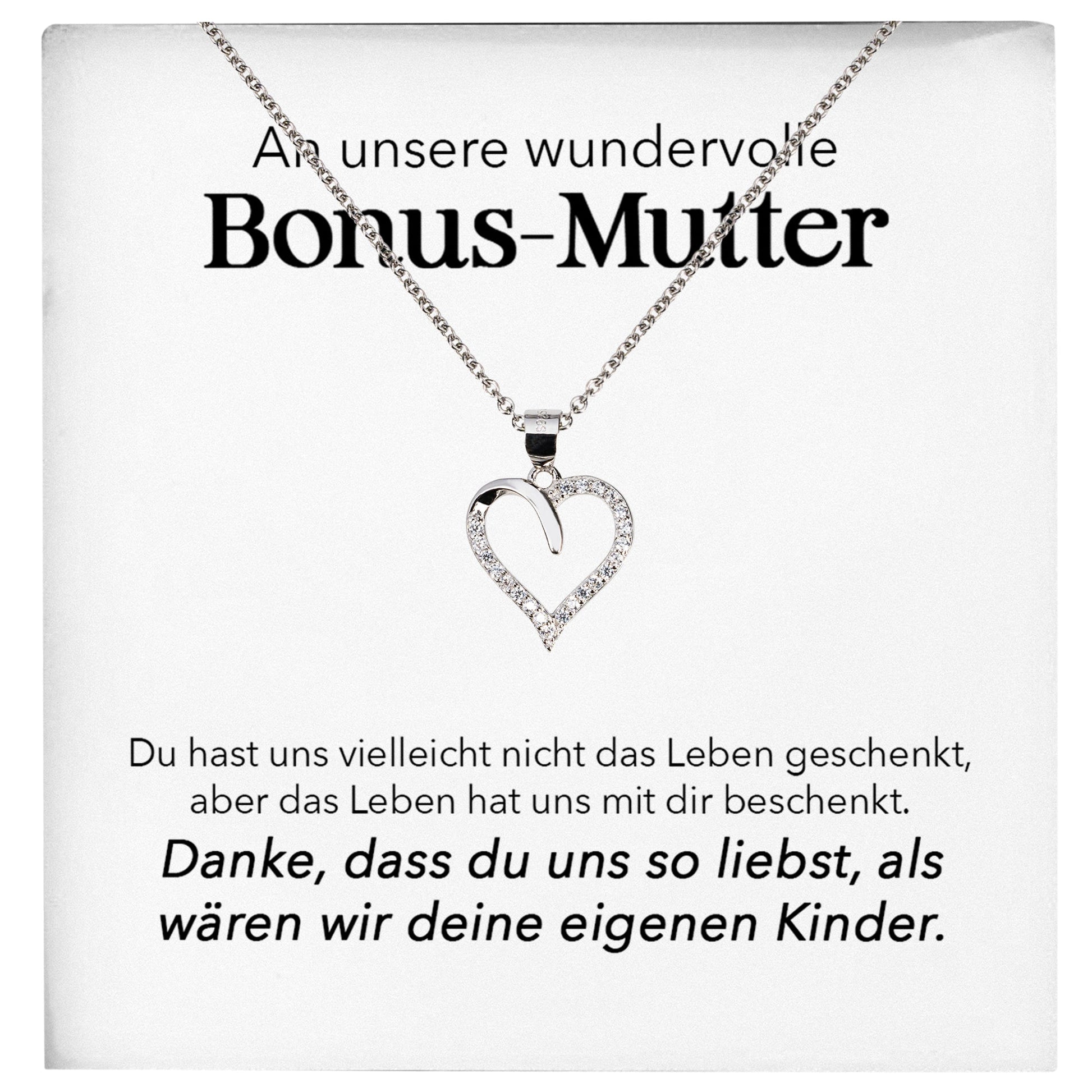 22Feels® Unsere Stiefmama Geschenk Silber 925/000 Herz Halskette Stiefmutter Muttertag Frauen Schmuck mit Karte Geburtstag Weihnachten Stiefeltern Bonus Mutter Patchwork-Schmuck mit Botschaftskarte - Herz21-22Feels