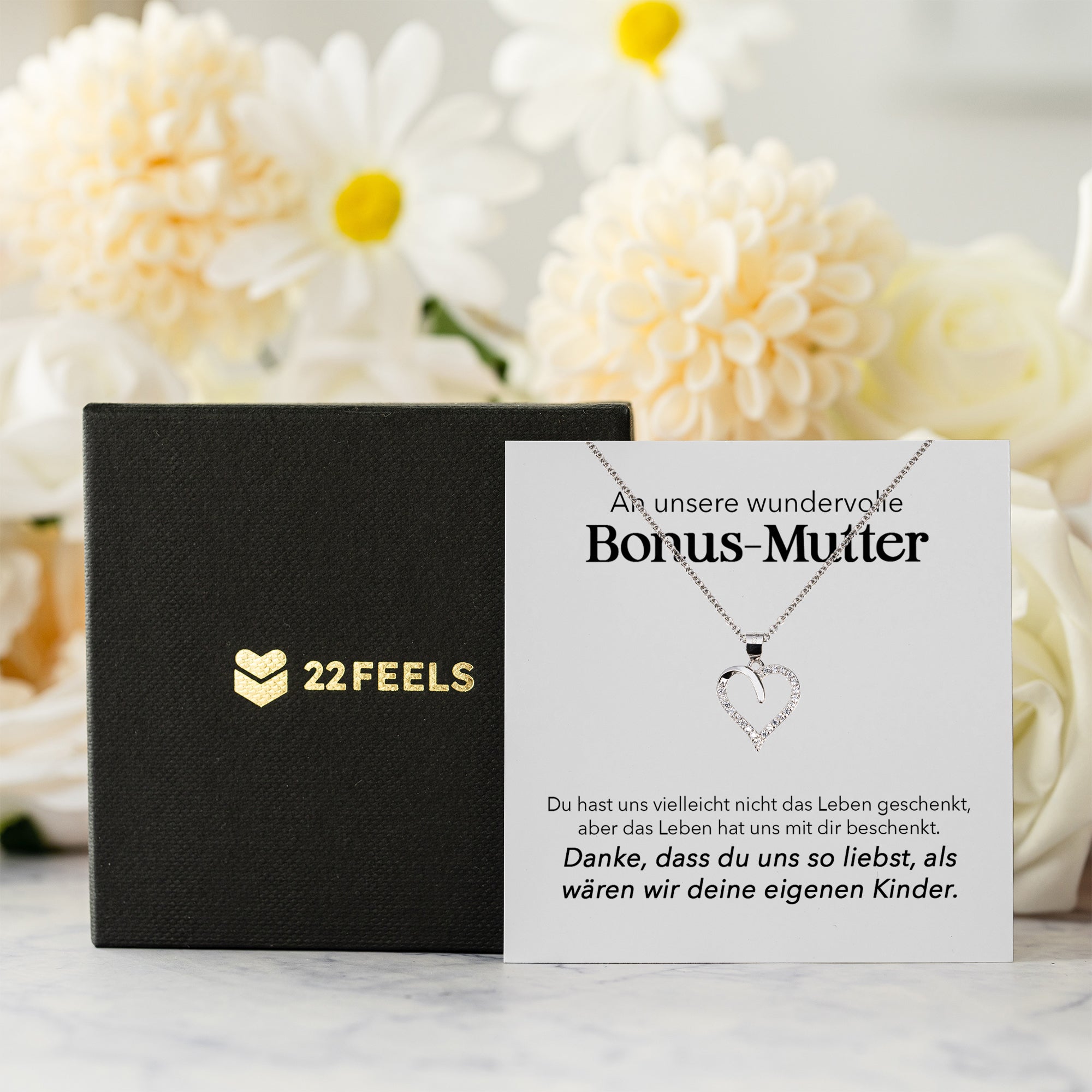 22Feels® Unsere Stiefmama Geschenk Silber 925/000 Herz Halskette Stiefmutter Muttertag Frauen Schmuck mit Karte Geburtstag Weihnachten Stiefeltern Bonus Mutter Patchwork-Schmuck mit Botschaftskarte - Herz21-22Feels
