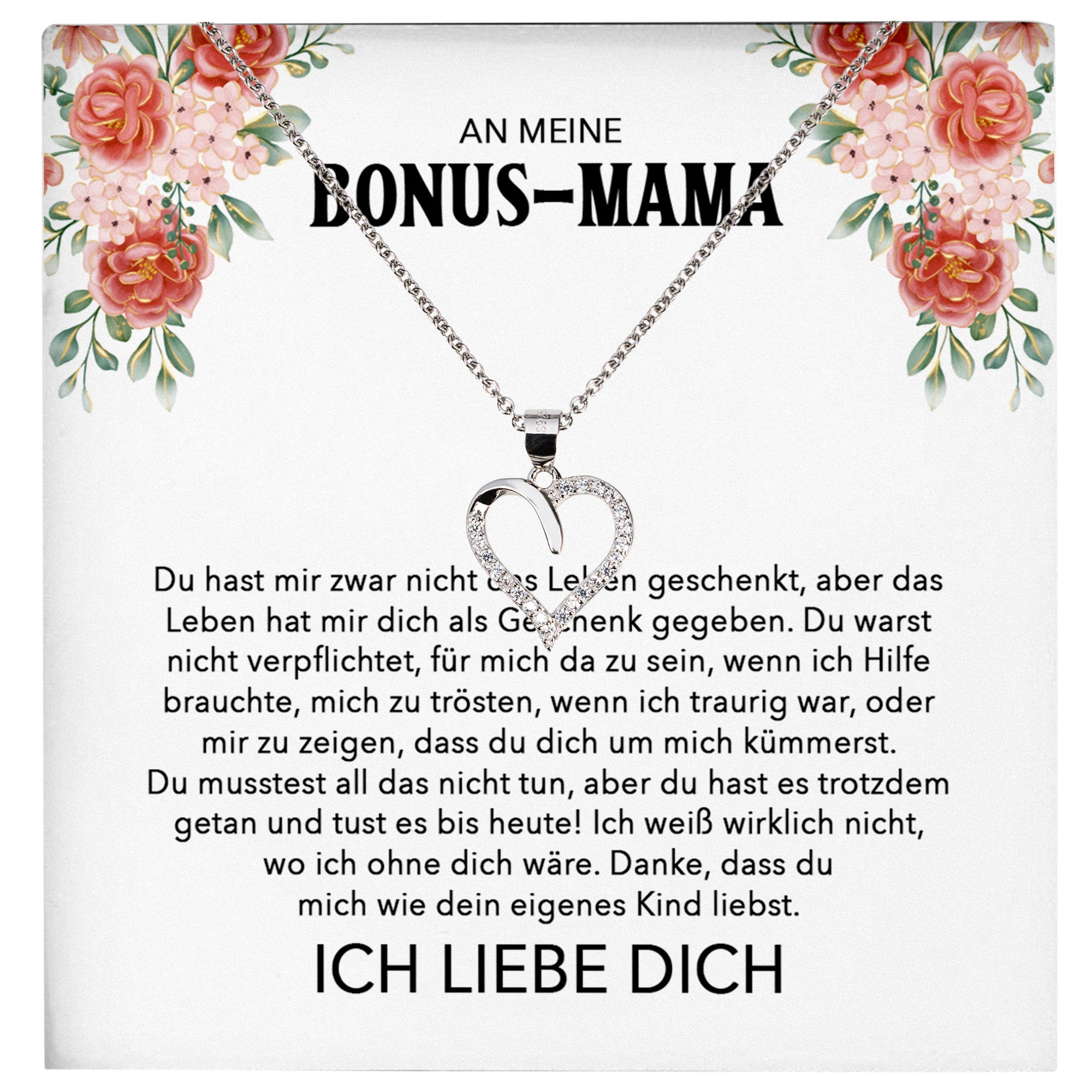 22Feels® Stiefmama Geschenk Silber 925/000 Herz Halskette Stiefmutter Muttertag Frauen Schmuck mit Karte Geburtstag Weihnachten Stiefeltern Bonus Mutter Patchwork-Schmuck mit Botschaftskarte - Herz21-22Feels