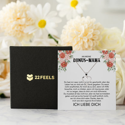 22Feels® Stiefmama Geschenk Silber 925/000 Herz Halskette Stiefmutter Muttertag Frauen Schmuck mit Karte Geburtstag Weihnachten Stiefeltern Bonus Mutter Patchwork-Schmuck mit Botschaftskarte - Herz21-22Feels