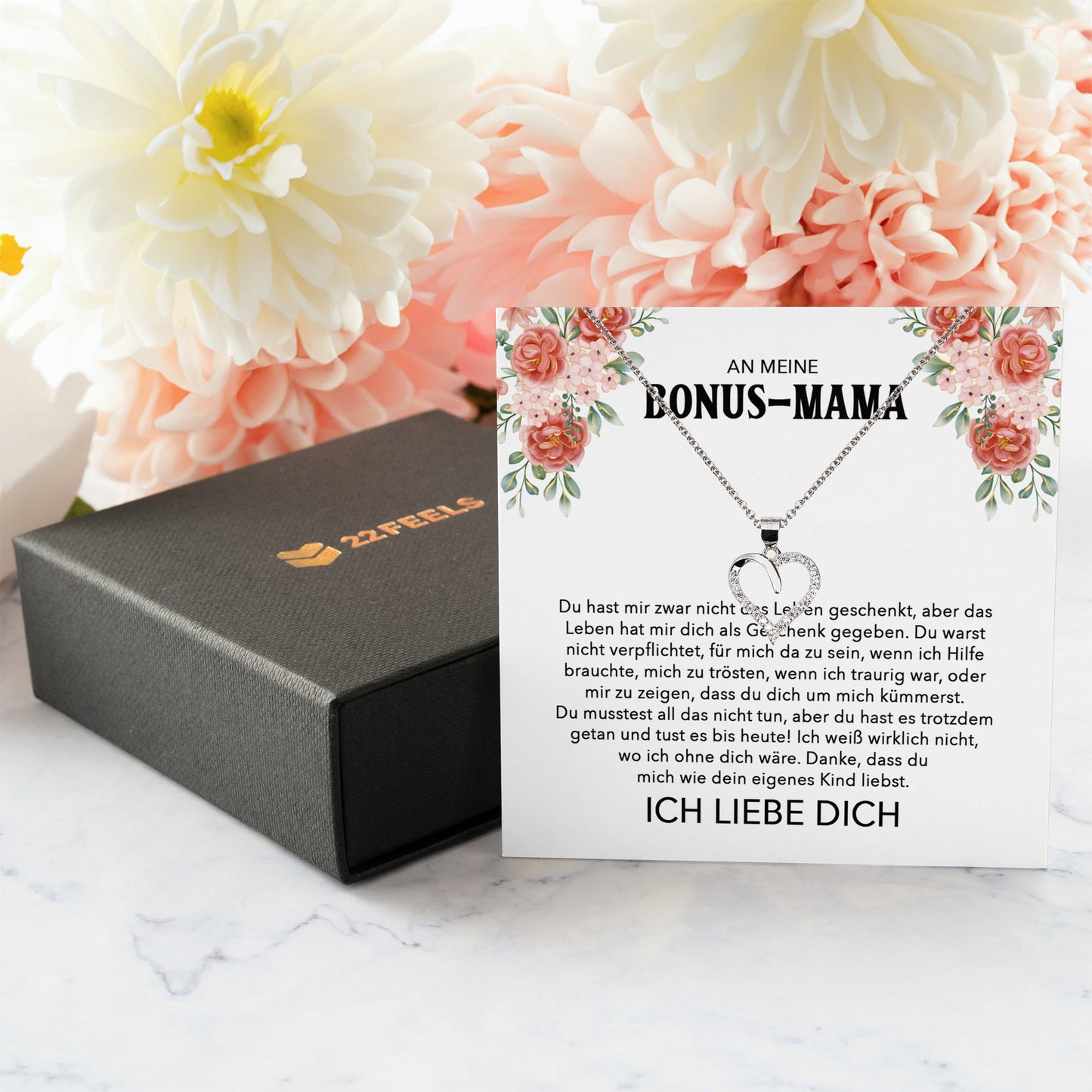 22Feels® Stiefmama Geschenk Silber 925/000 Herz Halskette Stiefmutter Muttertag Frauen Schmuck mit Karte Geburtstag Weihnachten Stiefeltern Bonus Mutter Patchwork-Schmuck mit Botschaftskarte - Herz21-22Feels