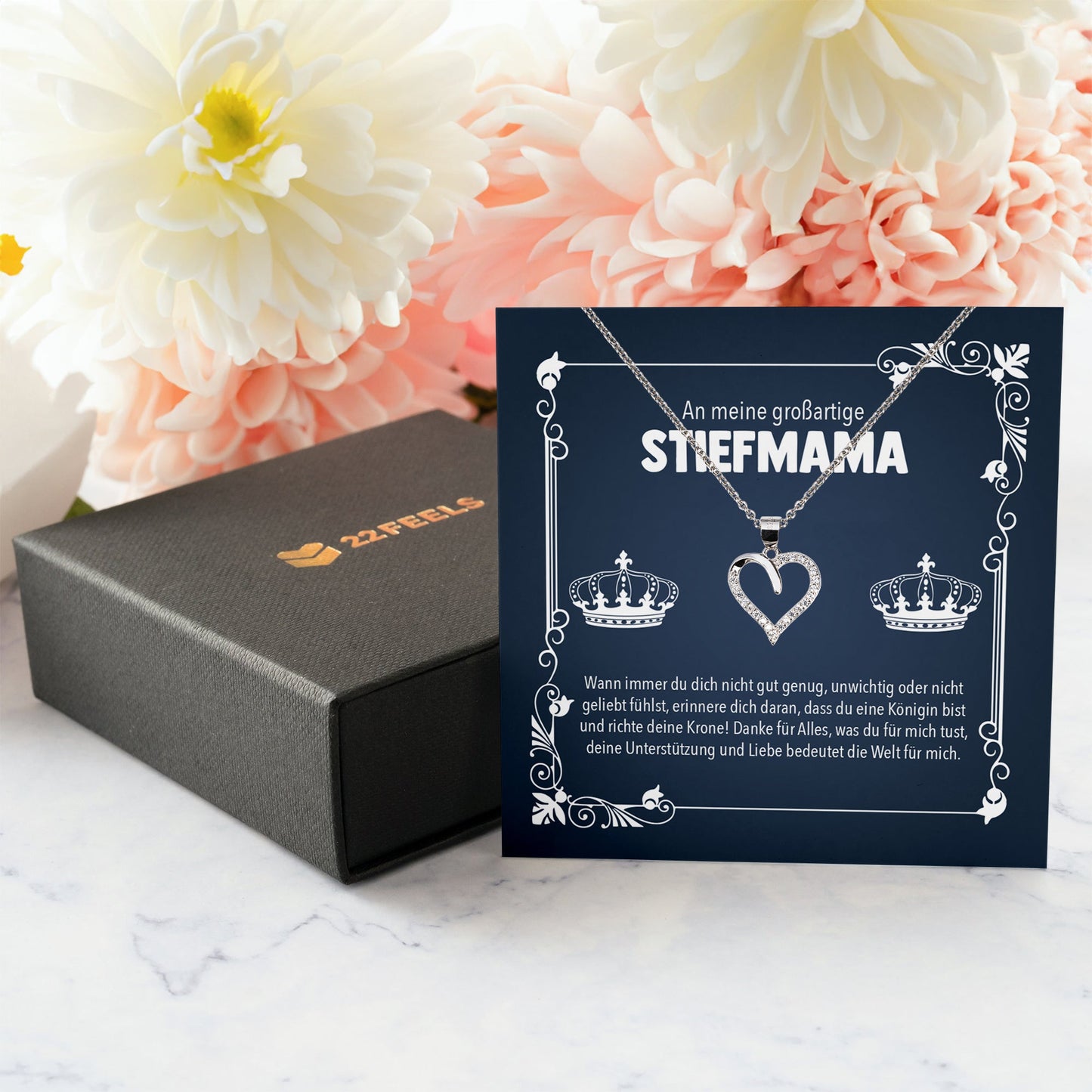 22Feels® Großartige Stiefmama Geschenk Silber 925/000 Herz Halskette Stiefmutter Muttertag Frauen Schmuck mit Karte Geburtstag Weihnachten Stiefeltern Bonus Mutter Patchwork-Schmuck mit Botschaftskarte - Herz21-22Feels