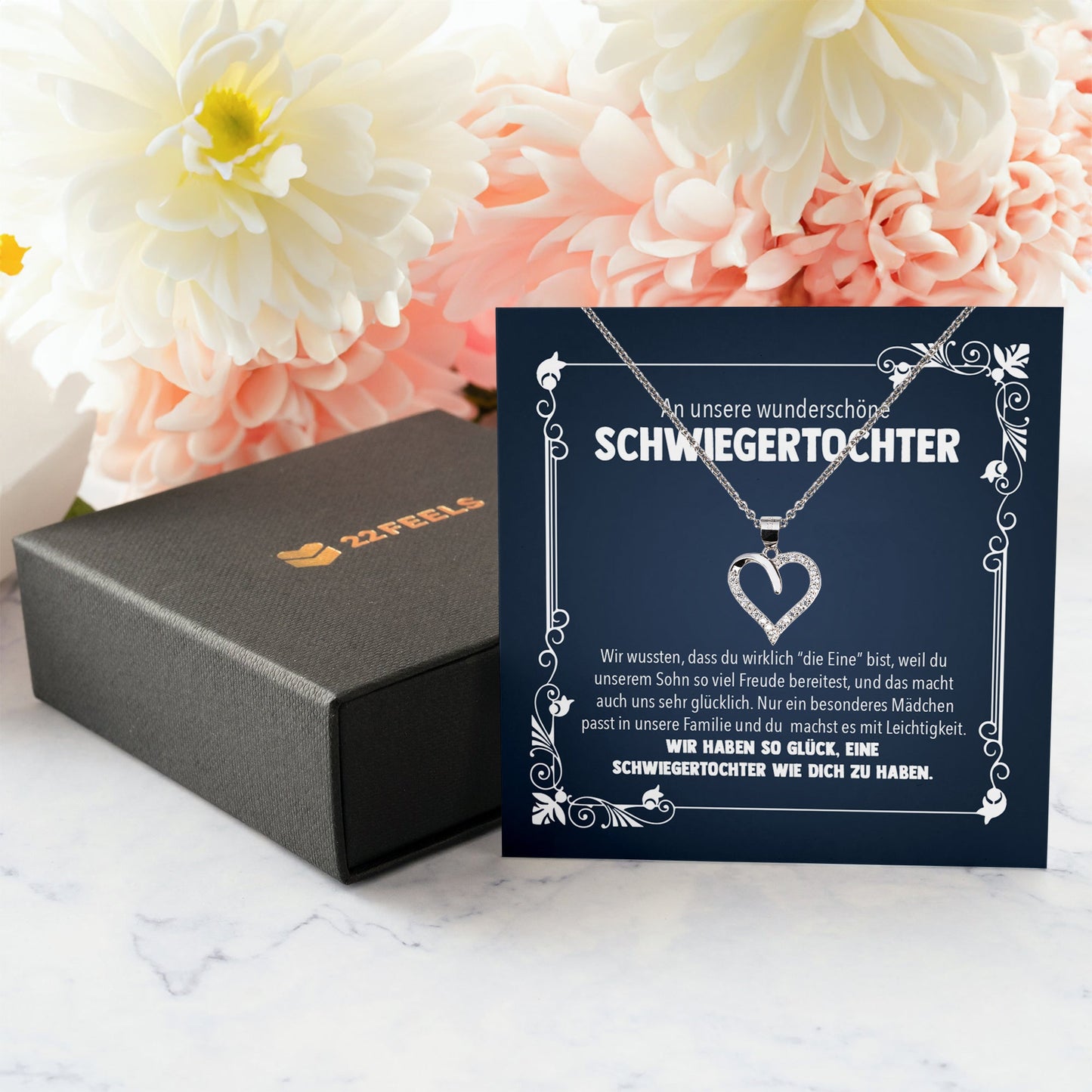 22Feels® Schwiegertochter Geschenk Hochzeit Silber 925/000 Herz Halskette mit Karte Frauen Schmuck Hochzeitstag Damen Collier mit 23 Zirkonia Steinen-Schmuck mit Botschaftskarte - Herz21-22Feels