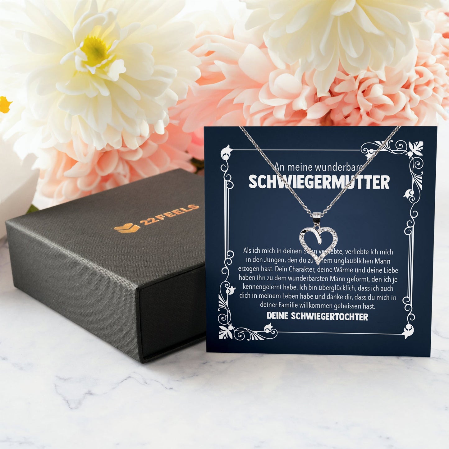 22Feels® Schwiegermama Geschenk von Schwiegertochter Bräutigam Silber 925/000 Herz Halskette Karte Frauen Schmuck Schwiegermutter Hochzeit Muttertag-Schmuck mit Botschaftskarte - Herz21-22Feels