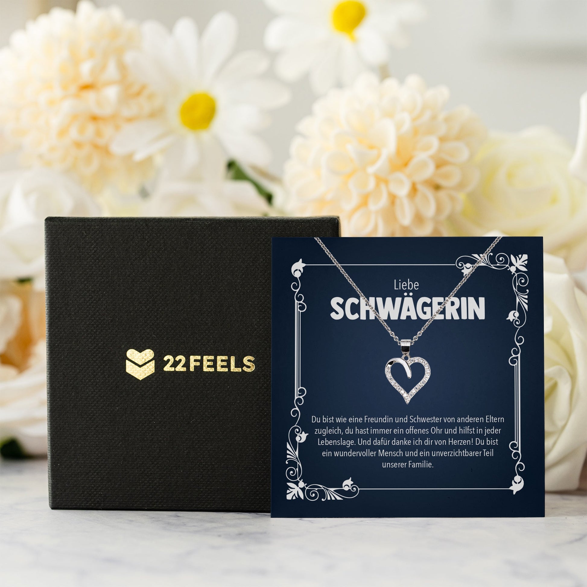 22Feels® Liebe Schwägerin Geschenk Silber 925 Herz Halskette mit Karte Frauen Schmuck Damen Collier Hochzeit Geburtstag Weihnachten Zirkonia-Steine-Schmuck mit Botschaftskarte - Herz21-22Feels