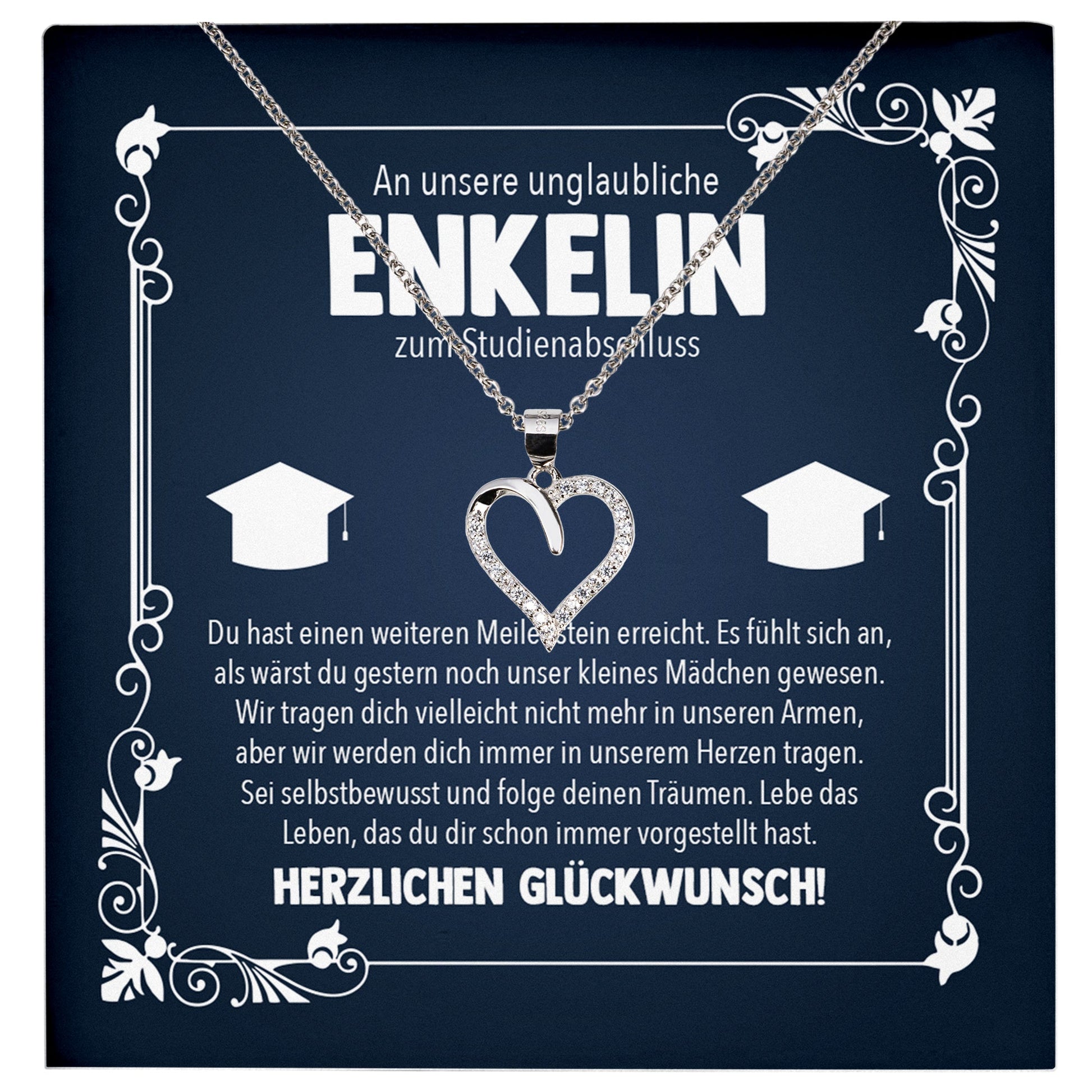 22Feels® Enkelin Studienabschluss Geschenk Silber 925 Herz Halskette mit Karte Uni Studentin Glückwunsch Frauen Schmuck Bachelor Master Doktortitel-Schmuck mit Botschaftskarte - Herz21-22Feels