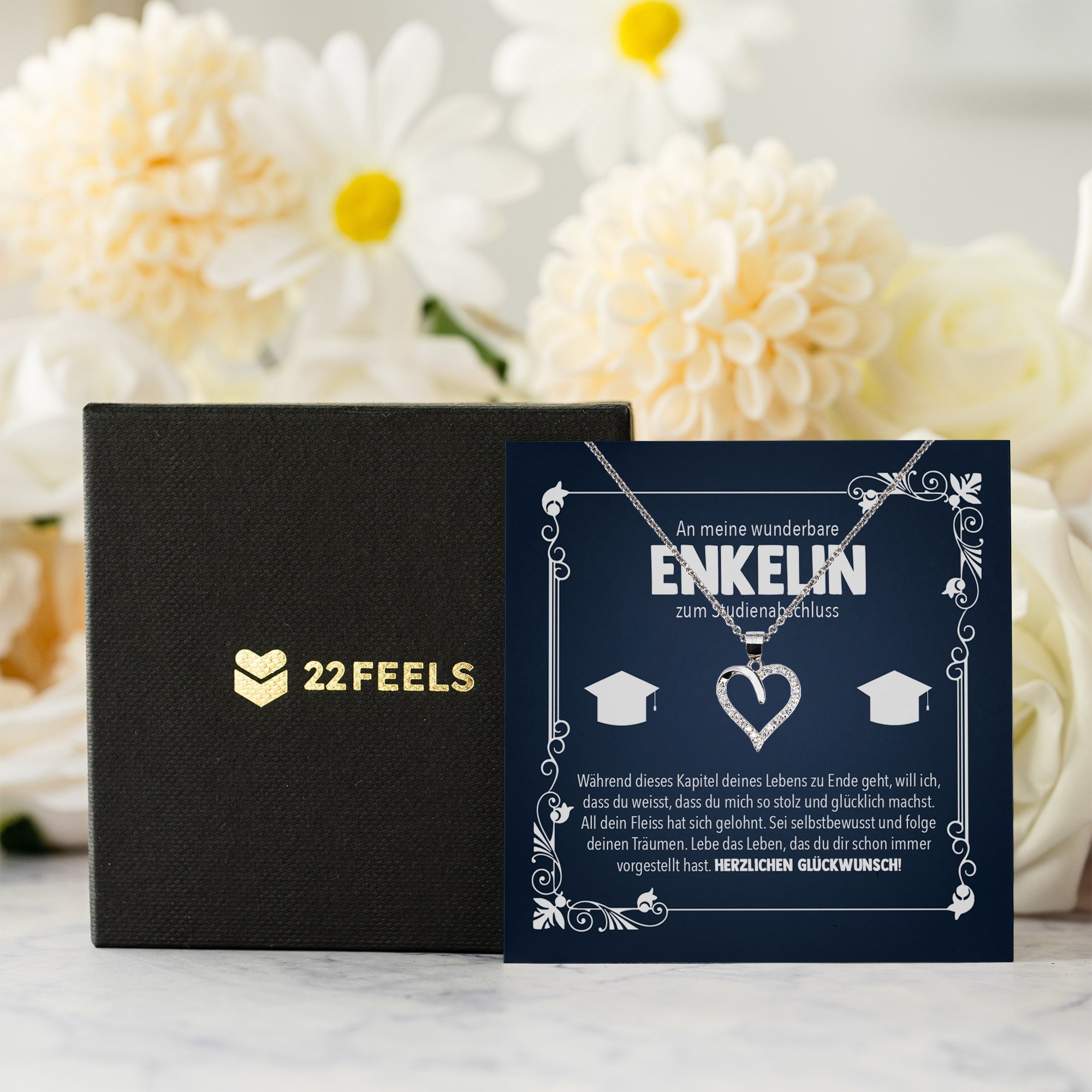 22Feels® Enkelin Studienabschluss Geschenk Silber 925 Herz Halskette mit Karte Uni Studentin Glückwunsch Frauen Schmuck Bachelor Master Doktortitel-Schmuck mit Botschaftskarte - Herz21-22Feels