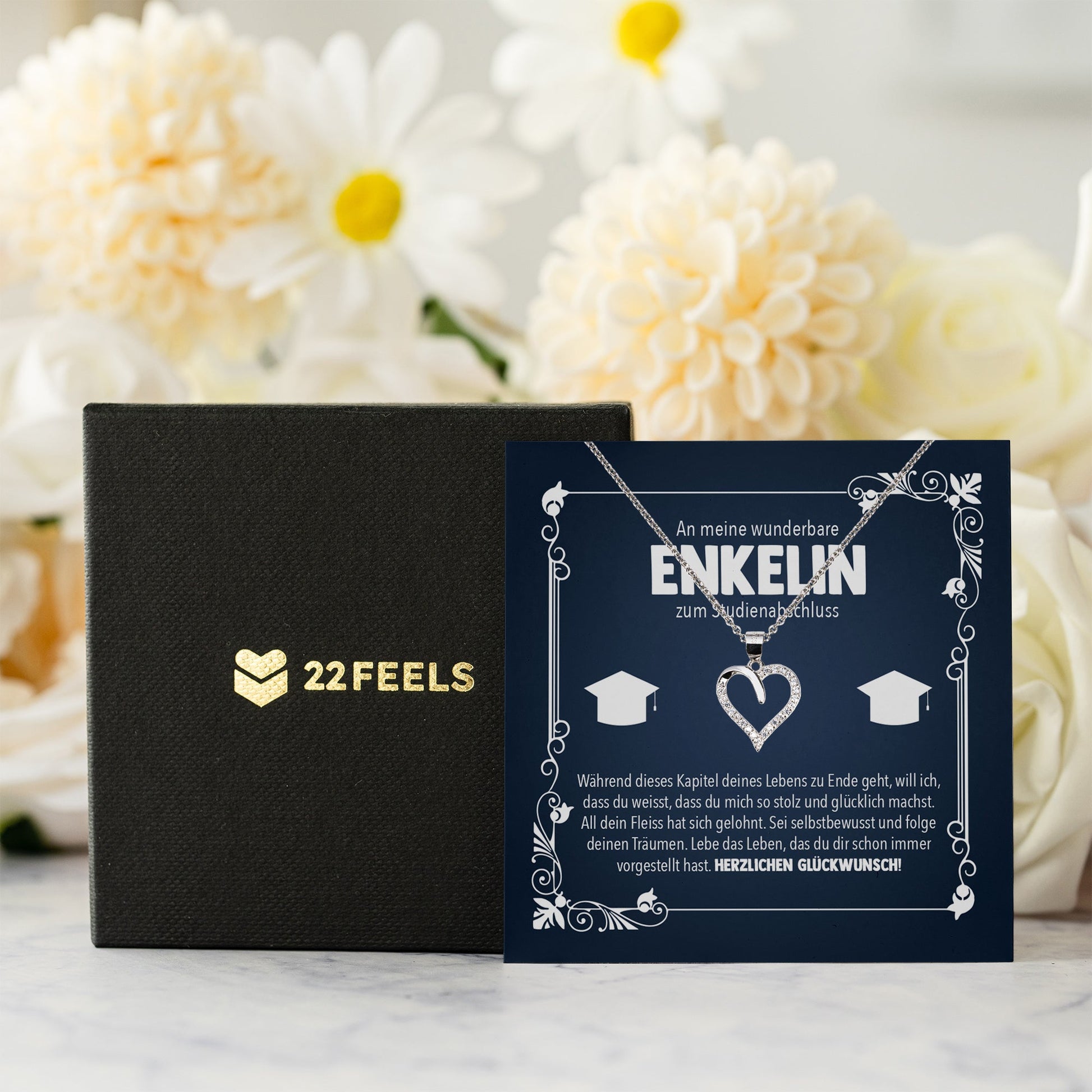 22Feels® Enkelin Studienabschluss Geschenk Silber 925 Herz Halskette mit Karte Uni Studentin Glückwunsch Frauen Schmuck Bachelor Master Doktortitel-Schmuck mit Botschaftskarte - Herz21-22Feels