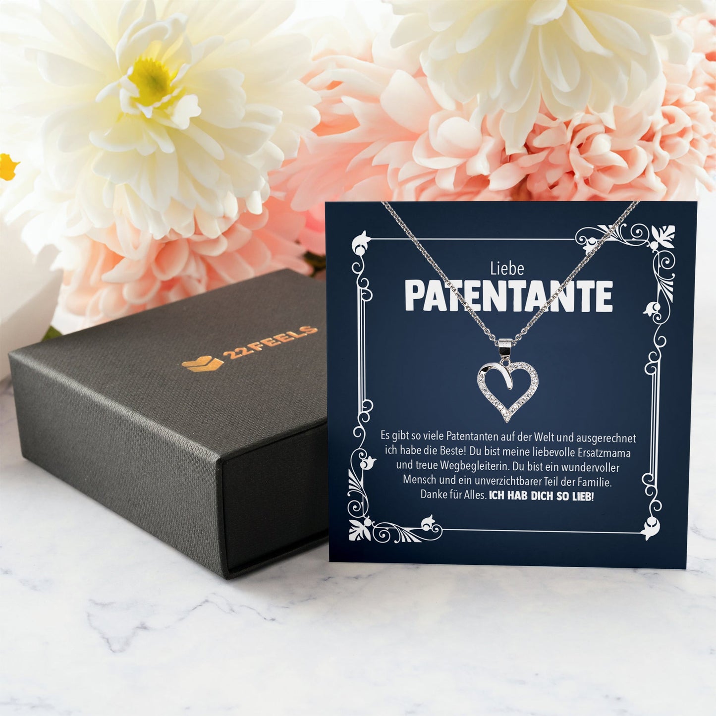 22Feels® Liebe Patentante Geschenk Silber 925/000 Herz Halskette mit Karte Patin Frauen Schmuck Damen Collier Geburtstag Weihnachte Taufe Familie-Schmuck mit Botschaftskarte - Herz21-22Feels