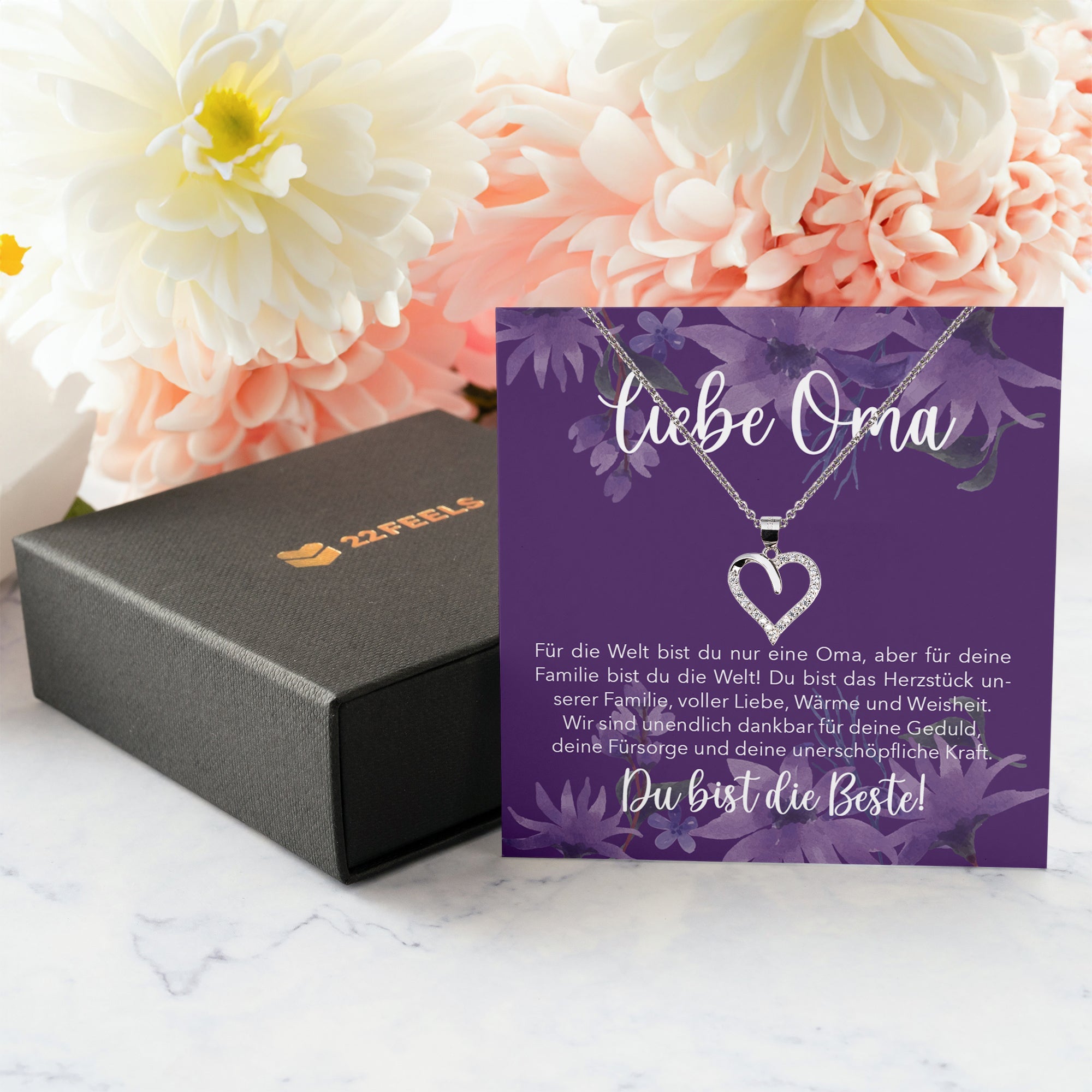 22Feels® Liebe Oma Geschenk Silber 925/000 Herz Halskette Karte Frauen Schmuck Damen Collier Grossmutter Weihnachten Geburtstag Muttertag Grosseltern-Schmuck mit Botschaftskarte - Herz21-22Feels