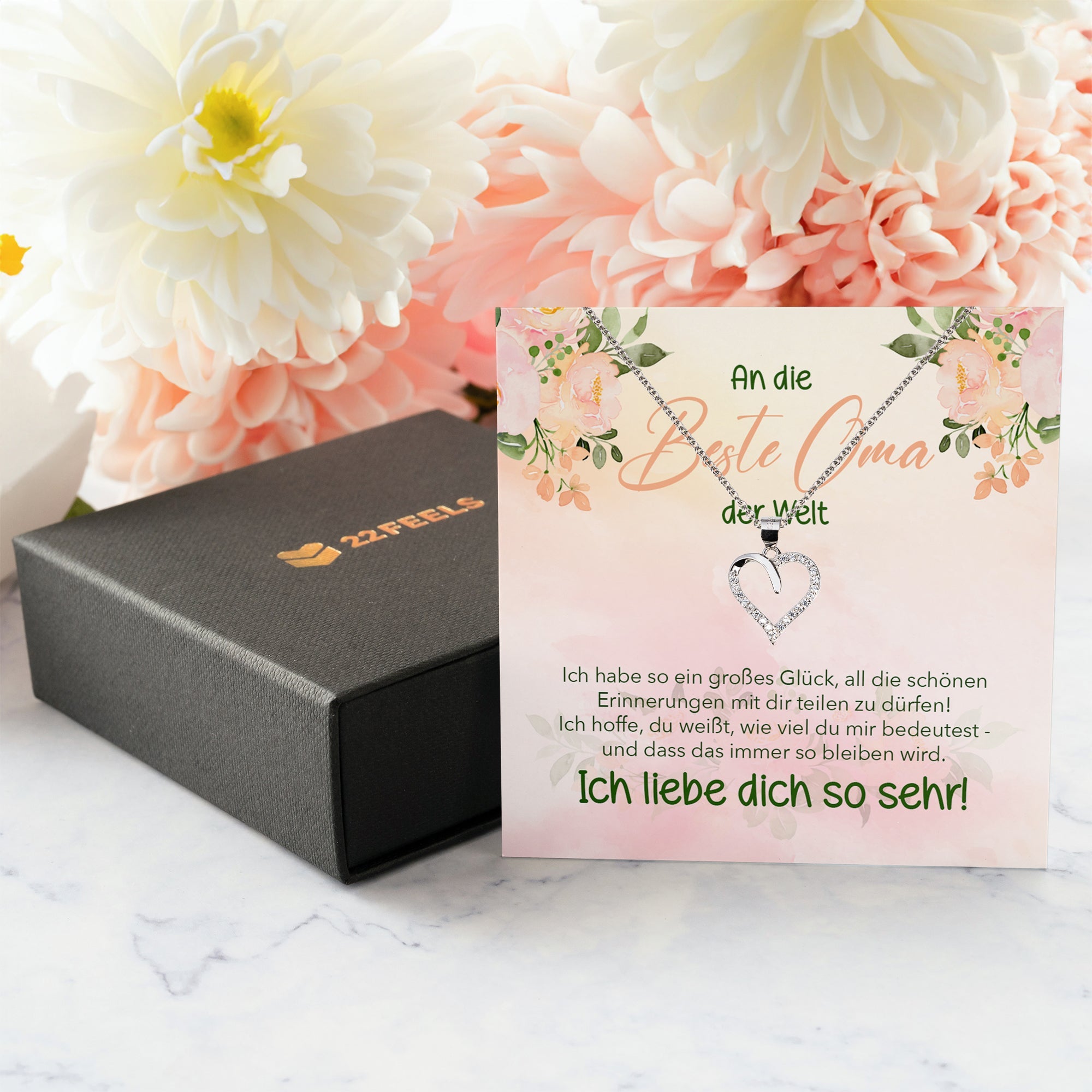 22Feels® Liebe Oma Geschenk Silber 925/000 Herz Halskette Karte Frauen Schmuck Damen Collier Grossmutter Weihnachten Geburtstag Muttertag Grosseltern-Schmuck mit Botschaftskarte - Herz21-22Feels