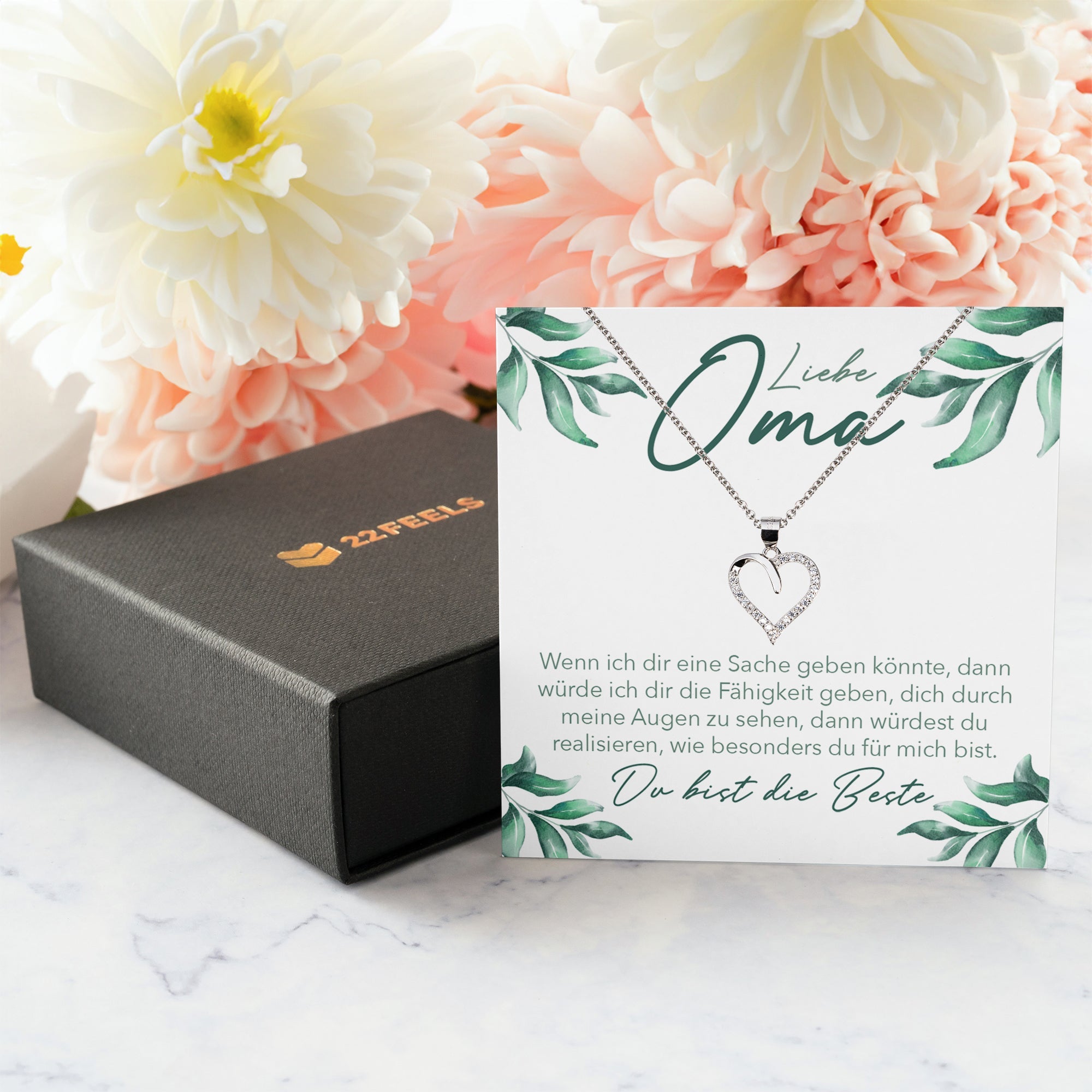22Feels® Liebe Oma Geschenk Silber 925/000 Herz Halskette Karte Frauen Schmuck Damen Collier Grossmutter Weihnachten Geburtstag Muttertag Grosseltern-Schmuck mit Botschaftskarte - Herz21-22Feels