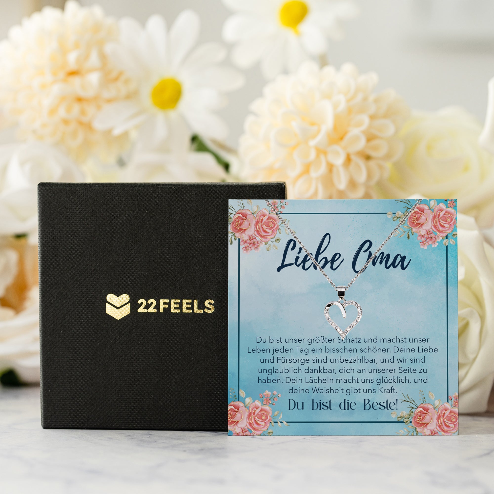 22Feels® Liebe Oma Geschenk Silber 925/000 Herz Halskette Karte Frauen Schmuck Damen Collier Grossmutter Weihnachten Geburtstag Muttertag Grosseltern-Schmuck mit Botschaftskarte - Herz21-22Feels
