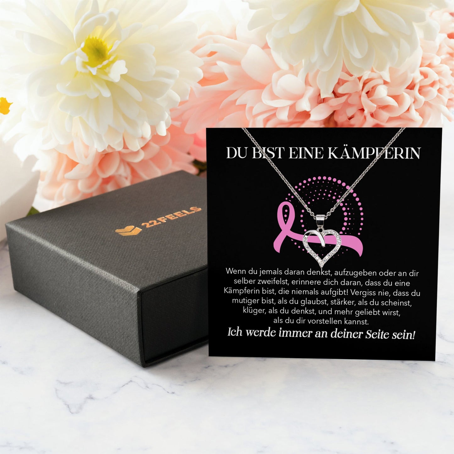 22Feels® Brustkrebs Kämpferin Geschenk Silber 925 Herz Halskette mit Karte Frauen Schmuck Damen und Collier - Mut und Stärke während Therapie Mammakarzinom-Schmuck mit Botschaftskarte - Herz21-22Feels