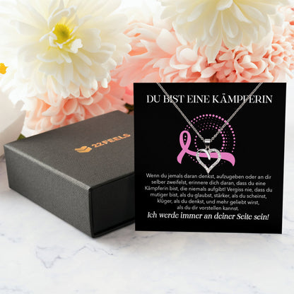 22Feels® Brustkrebs Kämpferin Geschenk Silber 925 Herz Halskette mit Karte Frauen Schmuck Damen und Collier - Mut und Stärke während Therapie Mammakarzinom-Schmuck mit Botschaftskarte - Herz21-22Feels