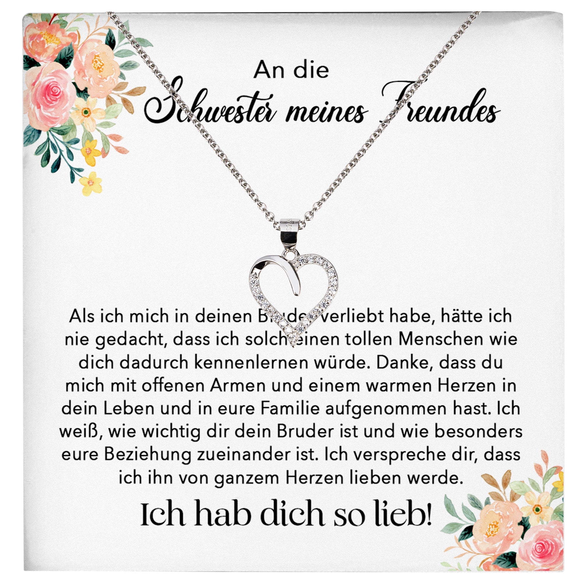 22Feels® Schwester meines Freundes Geschenk Silber 925/000 Herz Halskette mit Karte Mädchen Frauen Schmuck Valentinstag Geburtstag Weihnachten-Schmuck mit Botschaftskarte - Herz21-22Feels