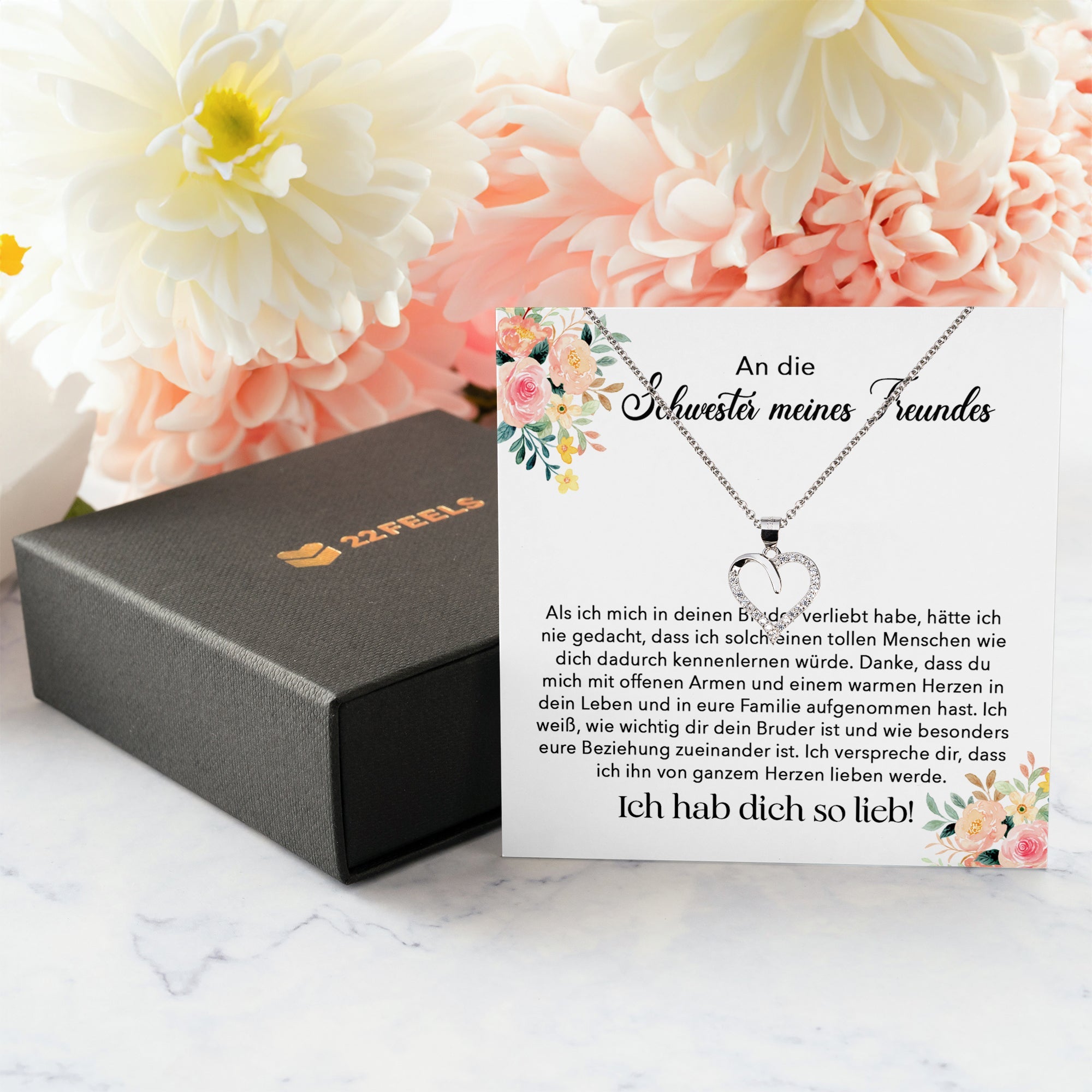 22Feels® Schwester meines Freundes Geschenk Silber 925/000 Herz Halskette mit Karte Mädchen Frauen Schmuck Valentinstag Geburtstag Weihnachten-Schmuck mit Botschaftskarte - Herz21-22Feels