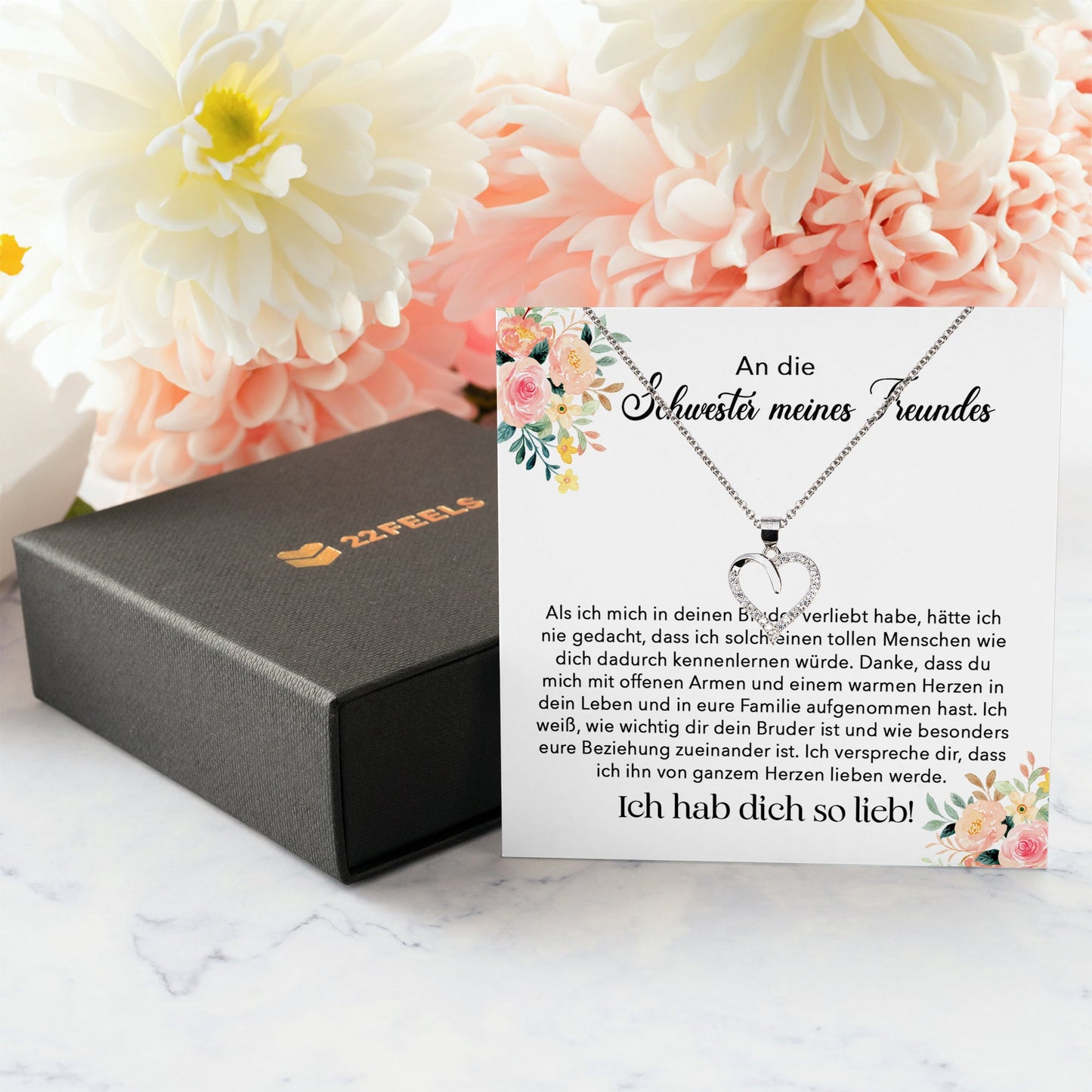 22Feels® Schwester meines Freundes Geschenk Silber 925/000 Herz Halskette mit Karte Mädchen Frauen Schmuck Valentinstag Geburtstag Weihnachten-Schmuck mit Botschaftskarte - Herz21-22Feels