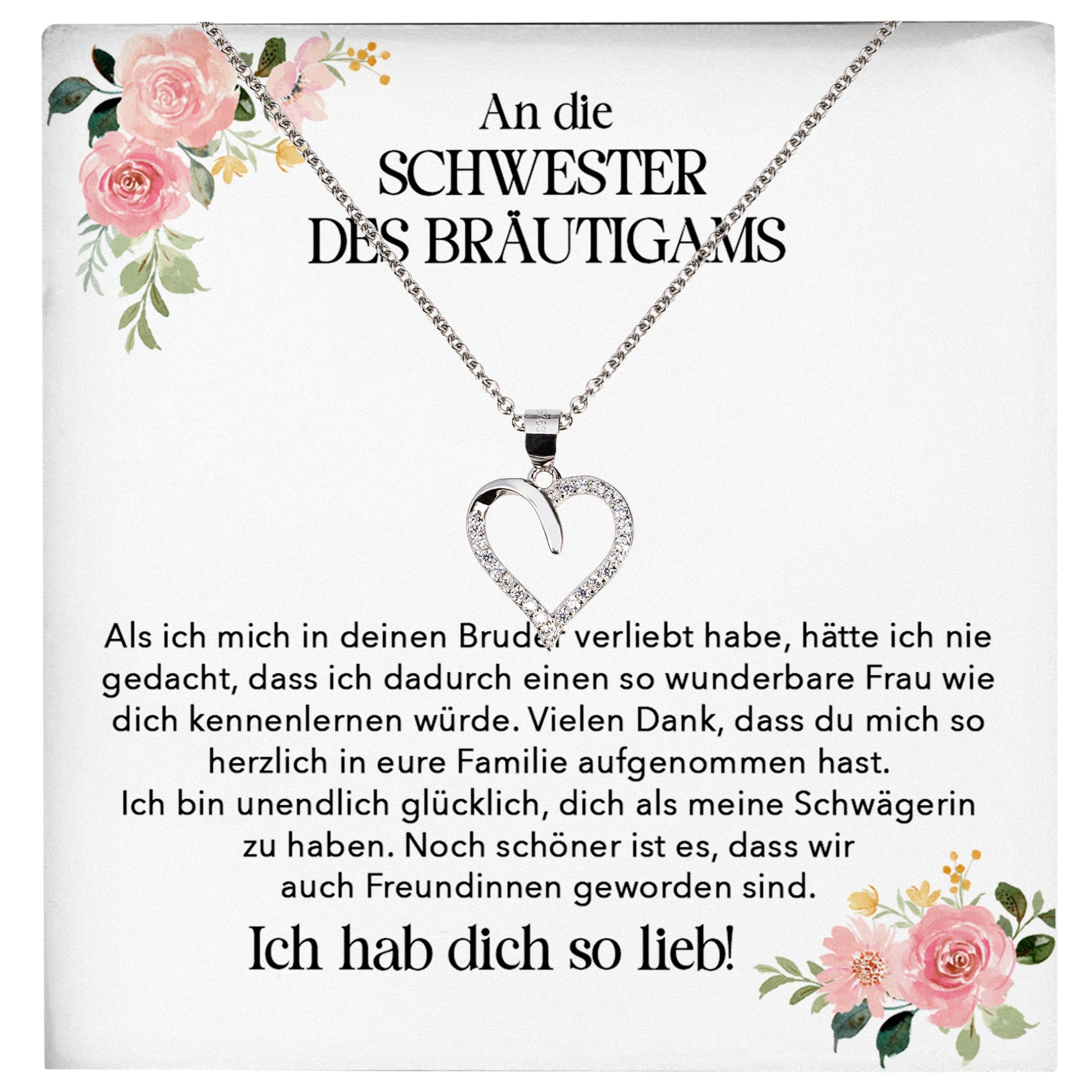 22Feels® Schwester des Bräutigams Geschenk von Braut Silber 925/000 Herz Halskette Frauen Schmuck Schwägerin Hochzeit Damen Collier mit Steinen-Schmuck mit Botschaftskarte - Herz21-22Feels