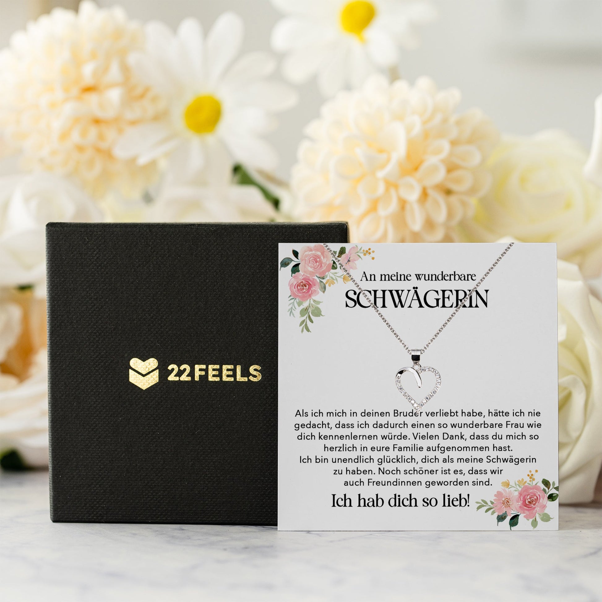 22Feels® Wunderbare Schwägerin Geschenk Silber 925 Herz Halskette mit Karte Frauen Schmuck Damen Collier Hochzeit Geburtstag Weihnachten Zirkonia-Steine-Schmuck mit Botschaftskarte - Herz21-22Feels