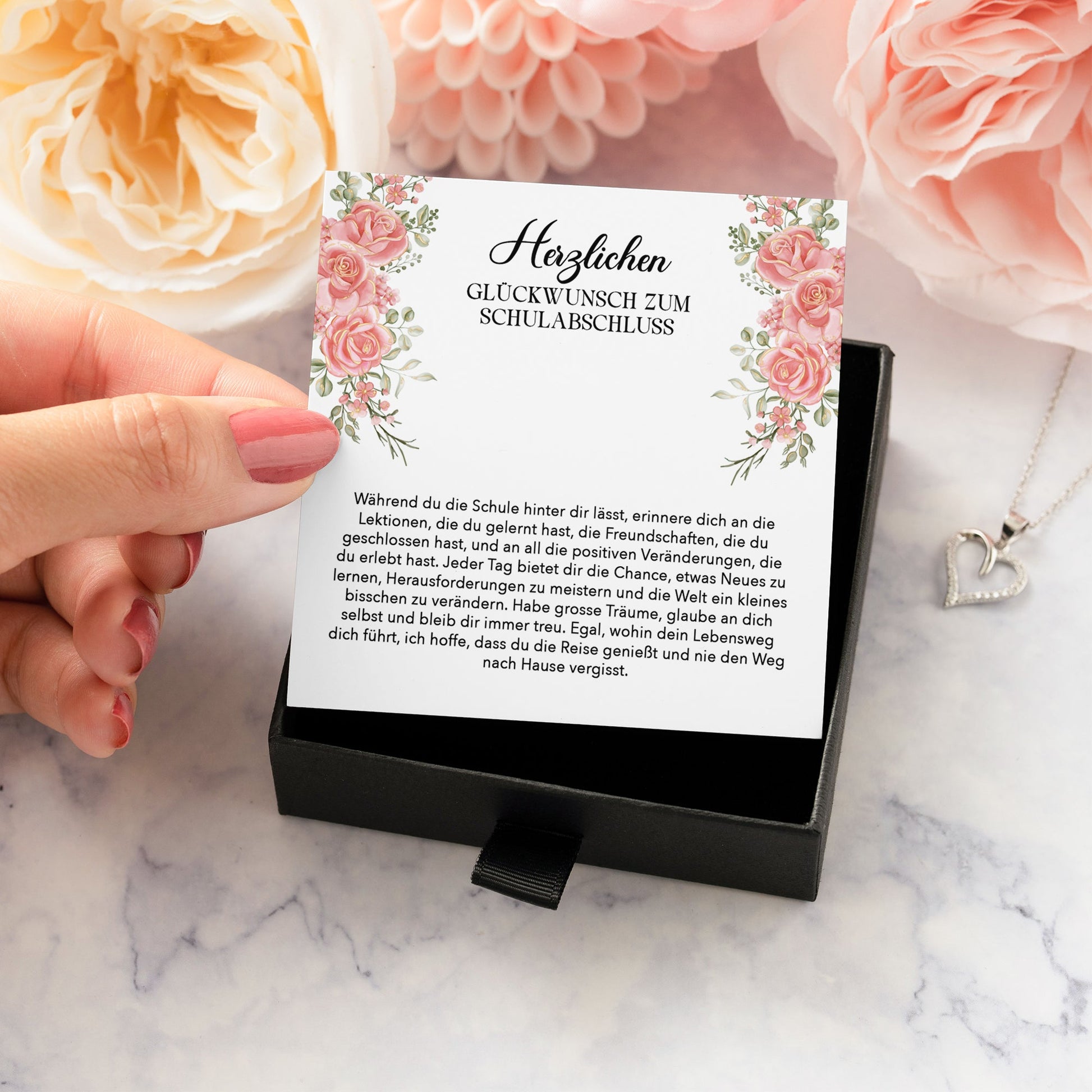 22Feels® Schulabschluss Geschenk Mädchen Silber 925 Herz Halskette mit Karte Abiturientin Glückwunsch Frauen Schmuck Realschule Gymnasium-Schmuck mit Botschaftskarte - Herz21-22Feels