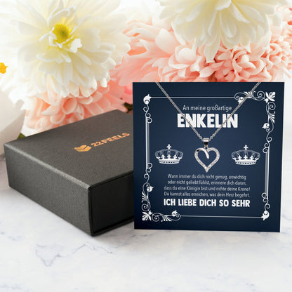 22Feels® Königin Enkelin Geschenk Silber 925/000 Herz Halskette mit Karte Mädchen Frauen Schmuck Enkelkind Geburtstag Damen Weihnachten Firmung Konfirmation-Schmuck mit Botschaftskarte - Herz21-22Feels