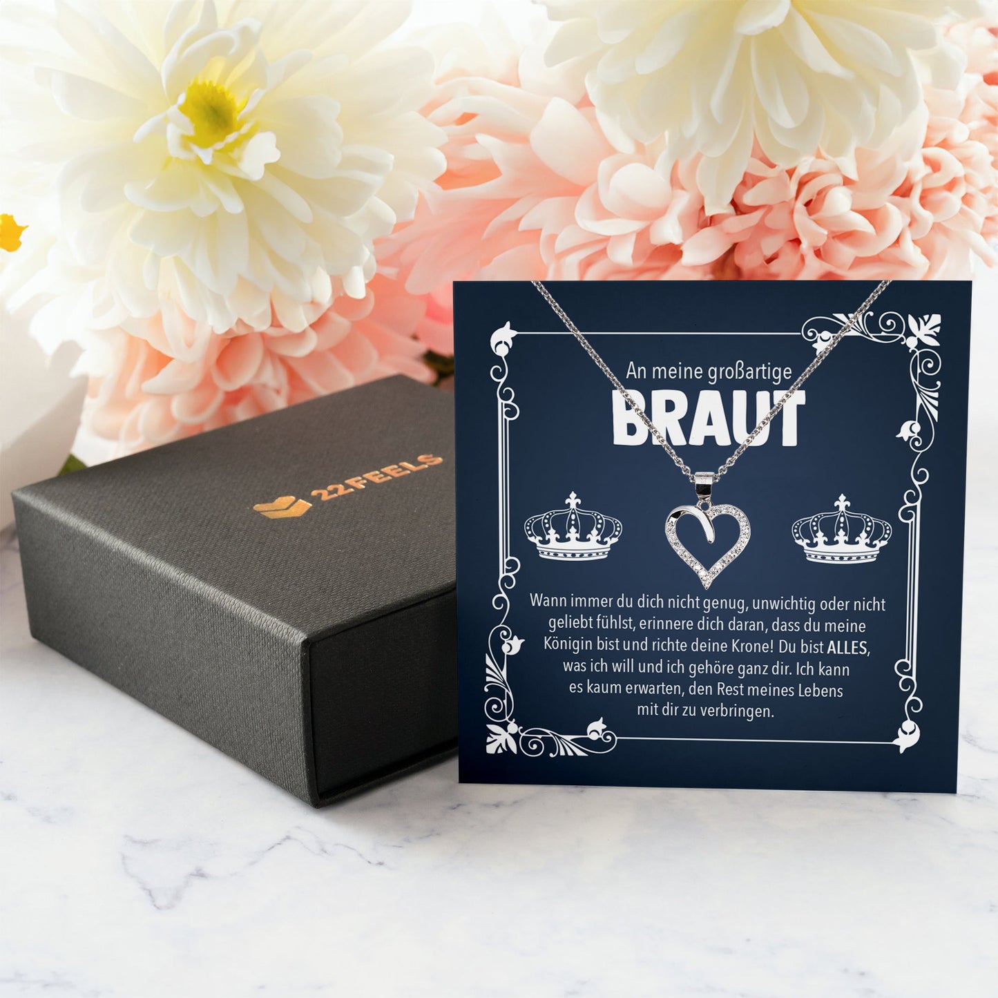 22Feels® Königin Braut Geschenk von Bräutigam vor der Hochzeit Schmuck Silber 925/000 Frauen Herz Halskette Ich Liebe Dich Damen Collier mit 23 Zirkonia Steinen-Schmuck mit Botschaftskarte - Herz21-22Feels