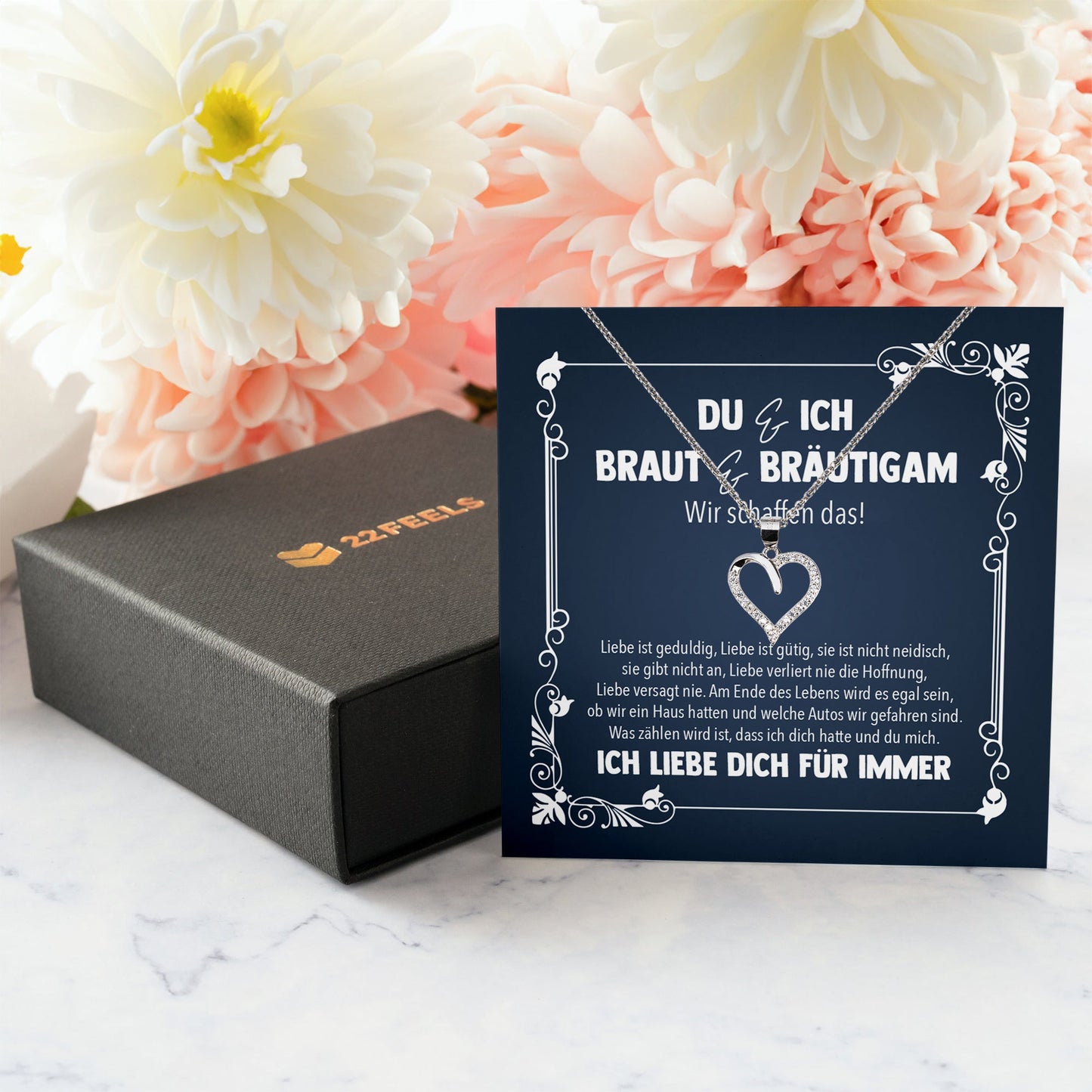 22Feels® Du & Ich Braut Geschenk von Bräutigam vor der Hochzeit Schmuck Silber 925/000 Frauen Herz Halskette Liebe Dich Damen Collier mit 23 Zirkonia Steinen-Schmuck mit Botschaftskarte - Herz21-22Feels