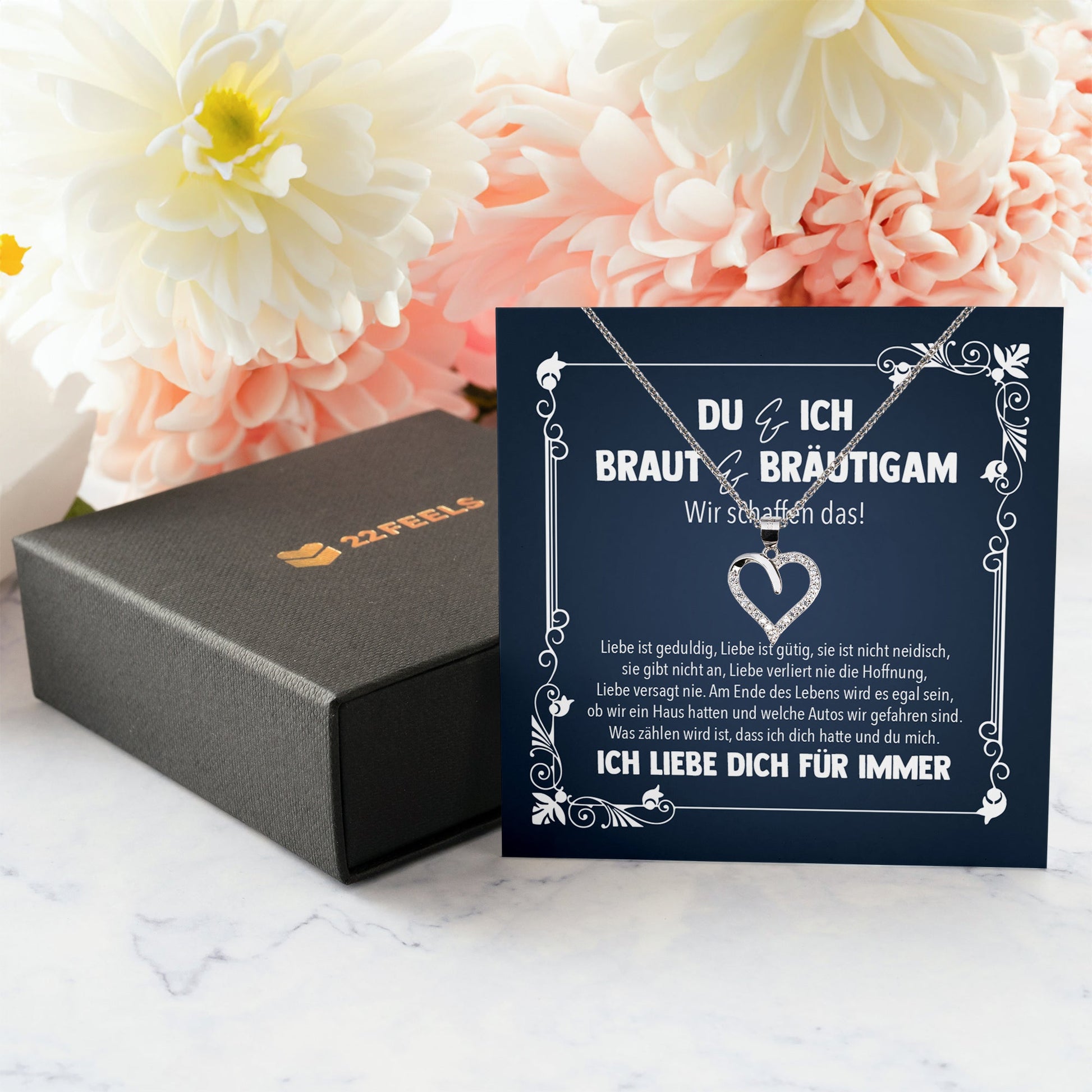 22Feels® Du & Ich Braut Geschenk von Bräutigam vor der Hochzeit Schmuck Silber 925/000 Frauen Herz Halskette Liebe Dich Damen Collier mit 23 Zirkonia Steinen-Schmuck mit Botschaftskarte - Herz21-22Feels