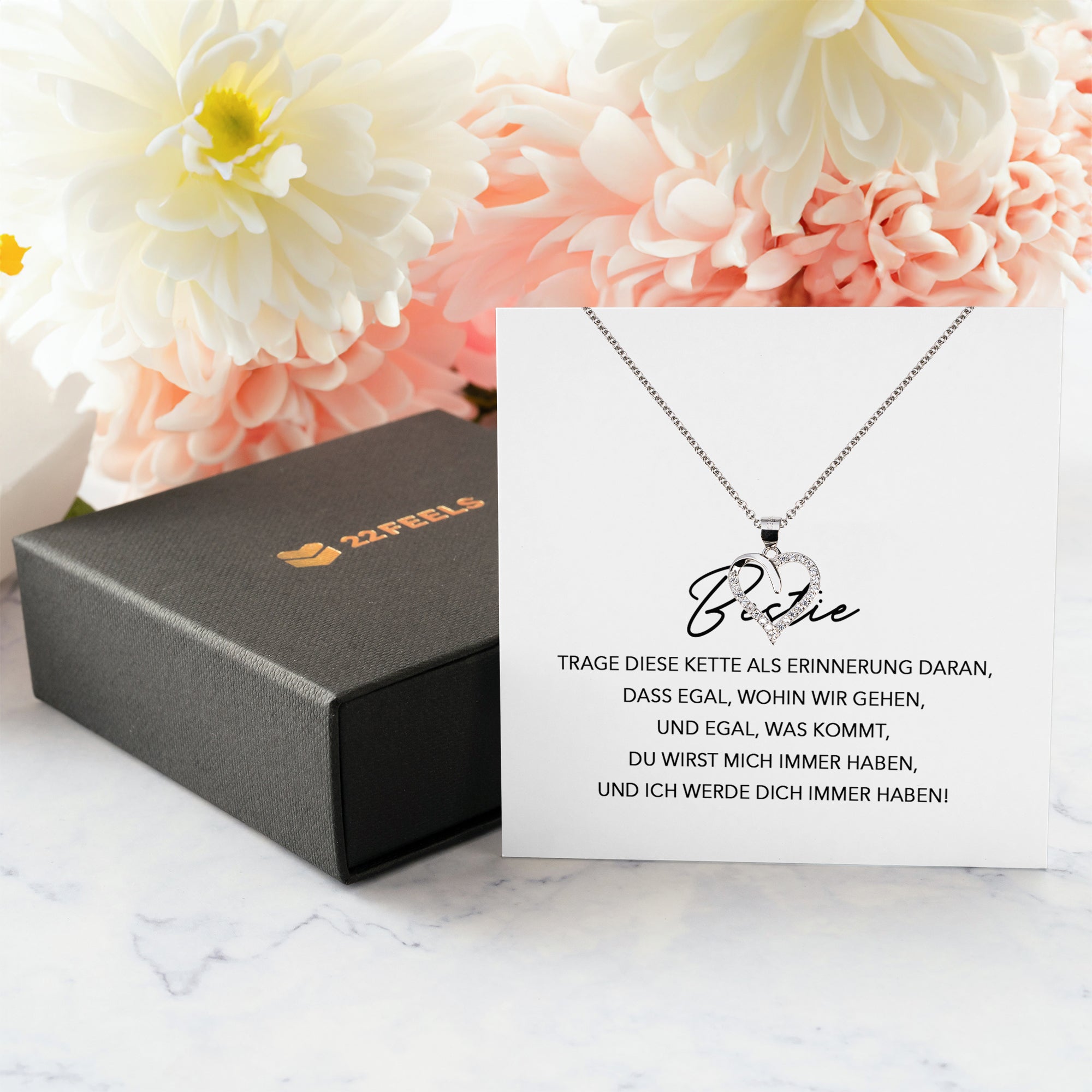 22Feels® Bestie Freundschaftkette Beste Freundin Geschenk Silber 925/000 Schmuck Frauen Collier Herz Anhaenger mit Karte Mädchen Damen Geburtstag BFF-Schmuck mit Botschaftskarte - Herz21-22Feels
